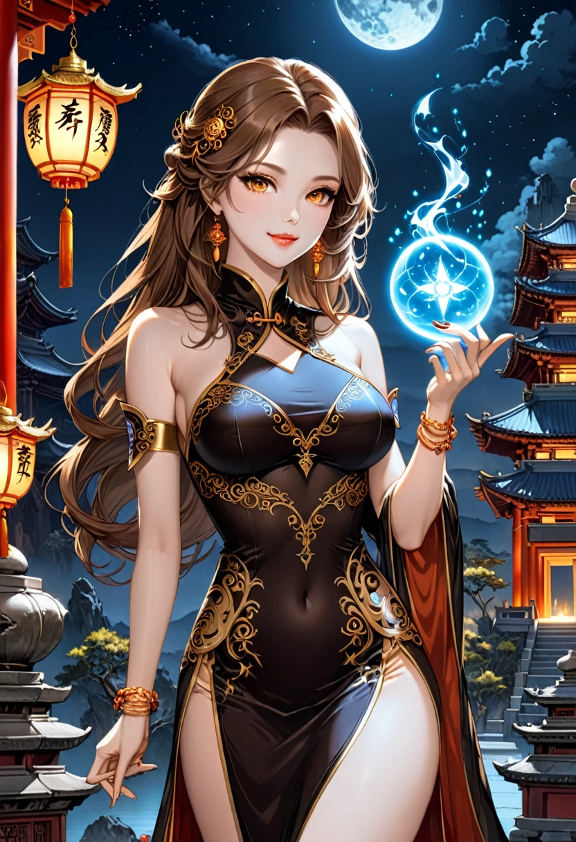 90s Cartoons, 1girl, sorceress, perfect face, beautiful, heavenly, long brown hair, single braid, hazel eyes, pretty eyes, full lips, looking at viewer, pale skin, tight qipao, silky luxury clothes, standing, golden bracelets, jewelry, narrowed eyes, smile,
chinese temple background, night sky, dark glow, night, dark, casting a spell, posing, (masterpiece, best quality, Professional, perfect composition, very aesthetic, absurdres, ultra-detailed, intricate details:1.3)