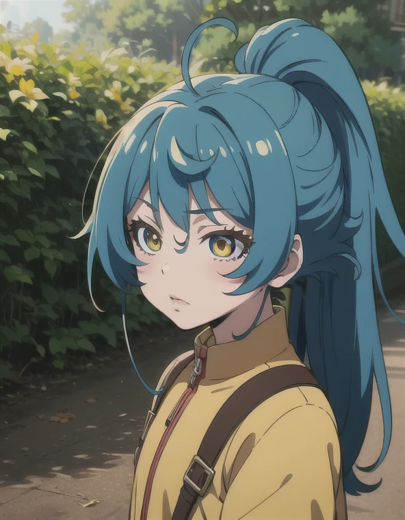 Masterpiece, Best quality, Very detailed, High accuracy, Single, blushing, Upper body,  Blue hair outdoors, long hair , Ponytail hair , Yellow eyes , Anime coloring