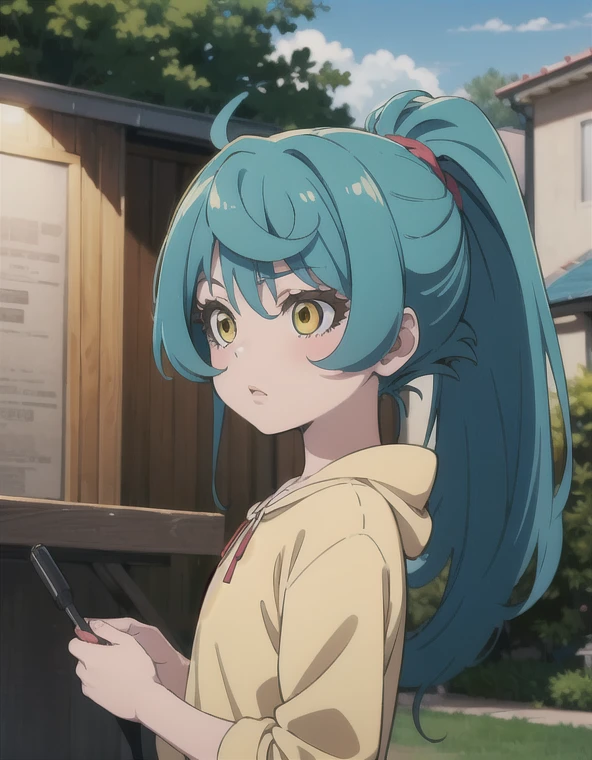 Masterpiece, Best quality, Very detailed, High accuracy, Single, blushing, Upper body, Blue hair outdoors, long hair , Ponytail hair , Yellow eyes , Anime coloring