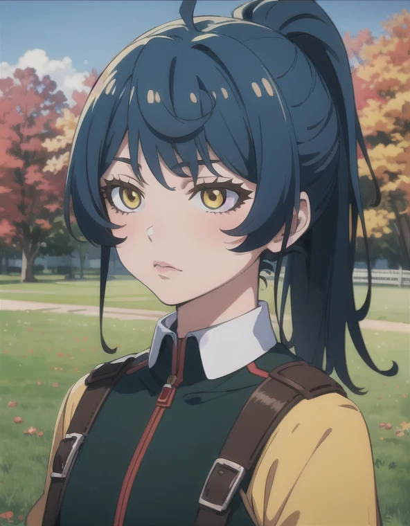 Masterpiece, Best quality, Very detailed, High accuracy, Single, blushing, Upper body, Blue hair outdoors, long hair , Ponytail hair , Yellow eyes , Anime coloring
