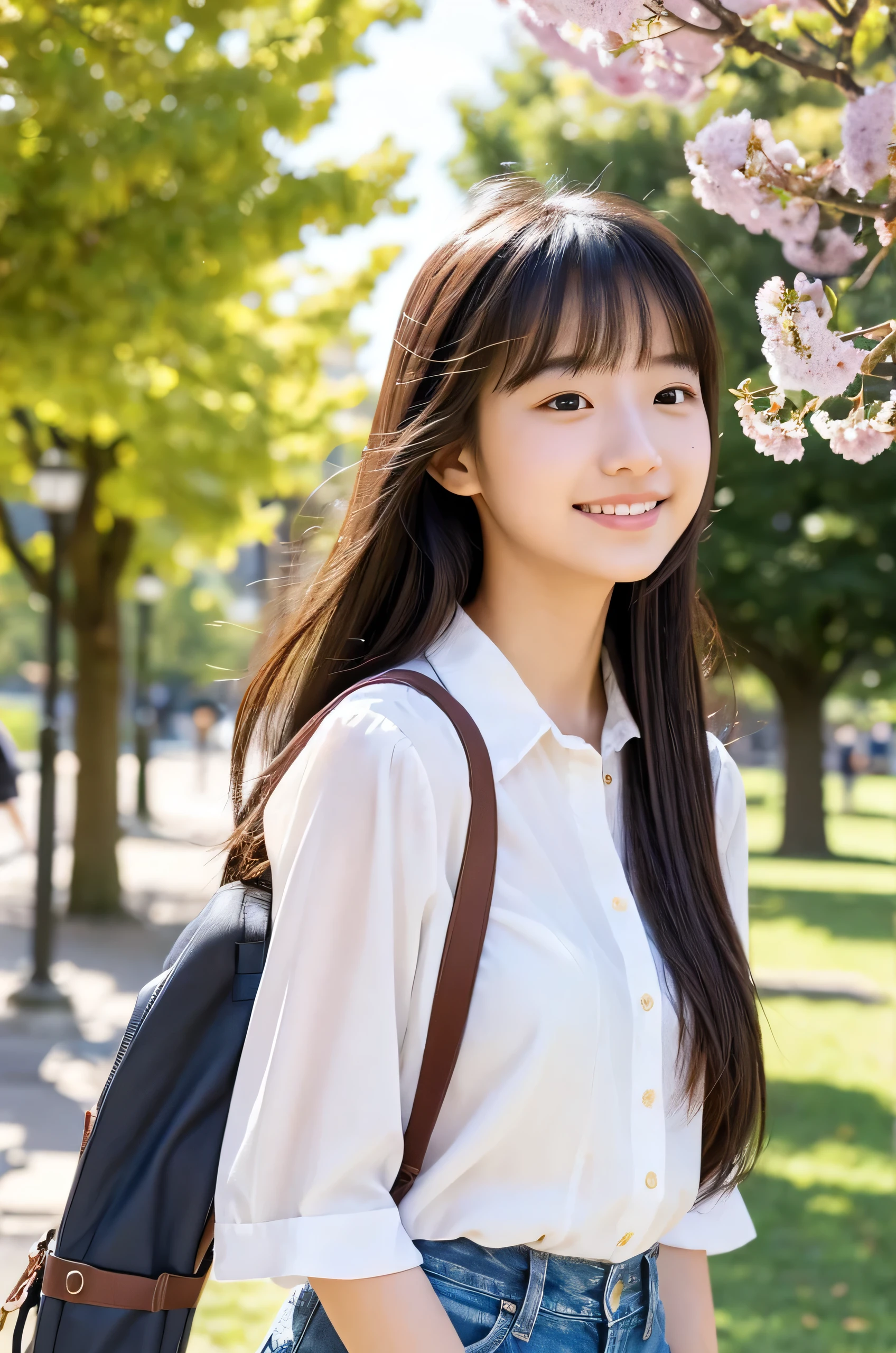 masutepiece, Best Quality, Illustration, Ultra-detailed, finely detail, hight resolution, 8K Wallpaper, Perfect dynamic composition, Beautiful detailed eyes, Natural Lip,a beauty girl、In the bright and refreshing spring sunshine、Imagine a female college student walking around campus.。.。.。She、She is wearing jeans and a white lace blouse.。the hair flutters with the wind、People around you smile々He is depicted having a conversation with.。The cherry blossoms on campus are in full bloom、Green tree on background々々々There is a bench where students can gather...。She is carrying a colorful backpack.、he has a notebook and a pencil in his hands.。Her figure is、Expressing the image of a typical female college student enjoying learning and free time., Wearing a thin white shirt with short sleeves、one shirt button is missing and there is a mole near chest and I can see it.。