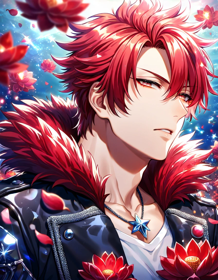 (absurdres, highres, ultra detailed, HDR) master piece, best quality, delicated features, Suoh Mikoto, red hair, hair is kept short, ruffled, and spiked, with two strands of hair near the opposite sides of his head falling over his face, expressive amber eyes, K Project, solo, sexy man, handsome, black leather jacket with a fur collar, a white V-neck shirt underneath, silver star-shaped necklace, magical fantasy, red butterflies, glittering, sparkling, red lotus, petals, radiant, water, red fireflies