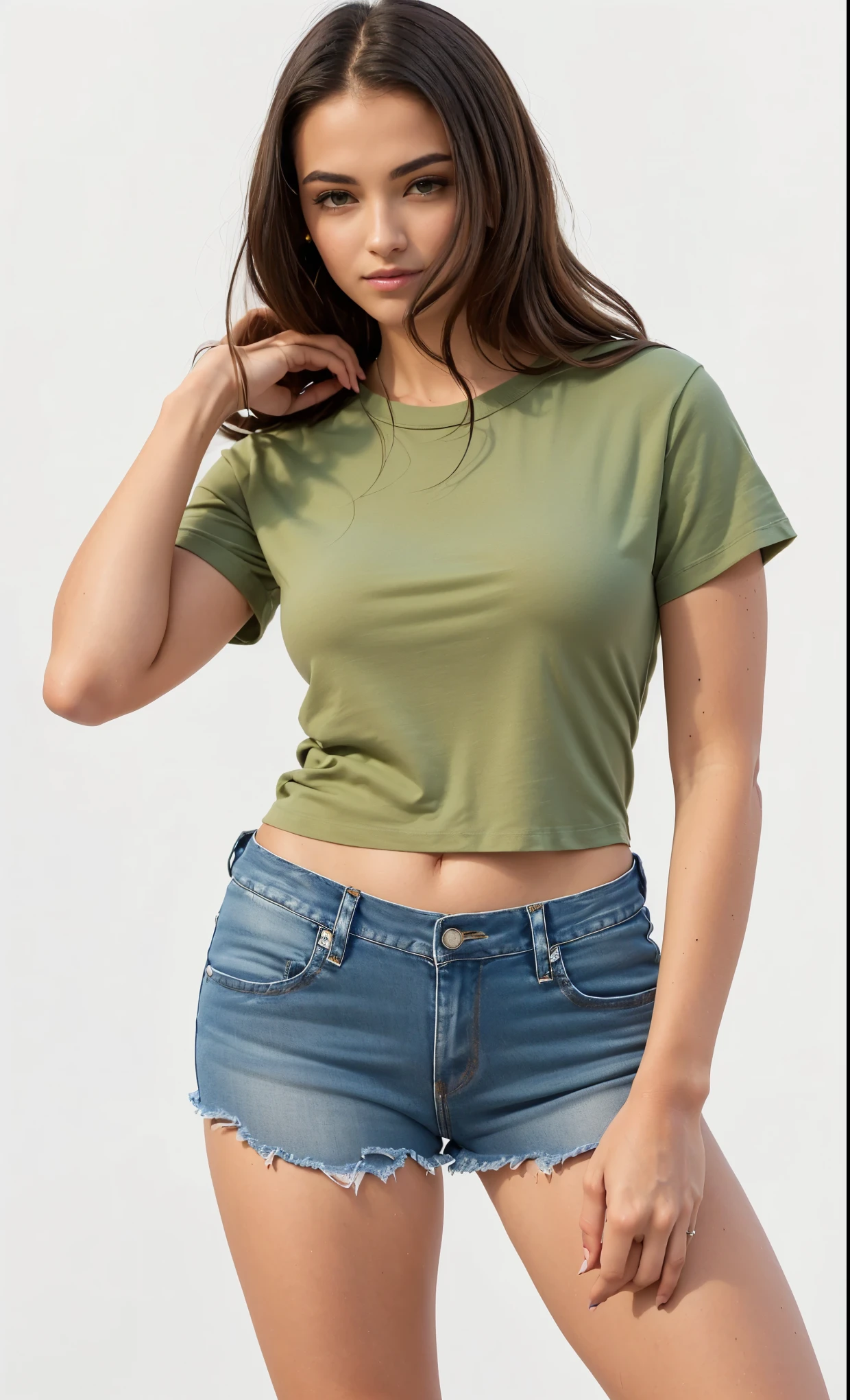 a woman in a camisa verde and denim shorts posing for a picture, com camiseta rasgada, roupas verdes casuais, camisa verde, corte superior, Oliva green, modern Roupa casual, vestindo roupas simples e justas, corte superior, wearing corte superior, usando tops curtos, Roupa casual, com cintura fina, usando um top cropped sexy, vestindo um top fofo, Oliva
