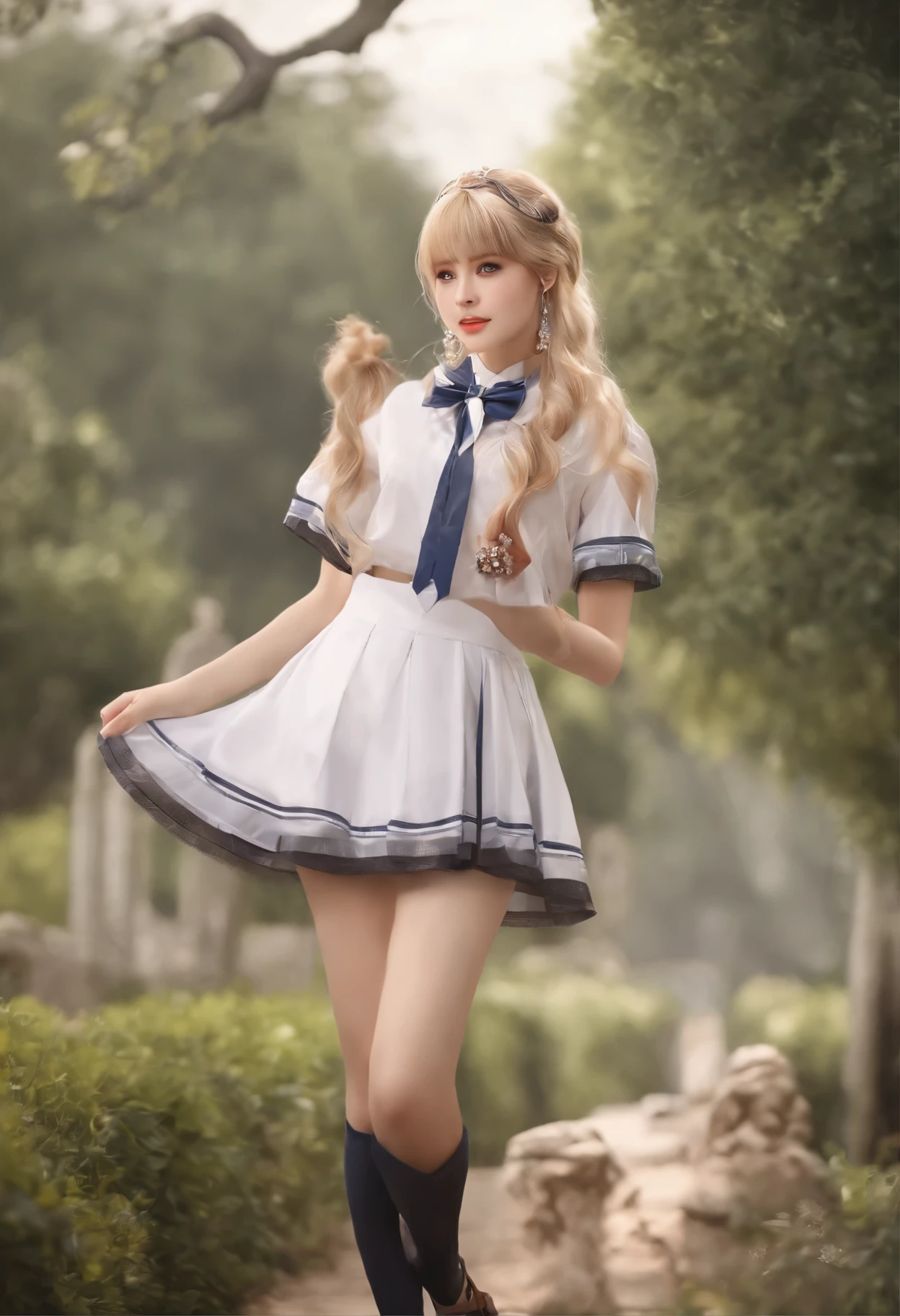 ((best quality,4k,High resolution,masterpiece:1.2)),((Character Concept Art)), 1 female, Adolescent females, Hot high school girl, ((Long hair dyed brown or blonde)), Hairstyles with Multiple Accessories, (Tan skin), Extremely fine eyes (Decorative contact lenses), fashionable, Outgoing, Socially active, slim body, ((Intricate details)), Very delicate hands, Extremely fine fingers(((Ten fingers))), Wearing a white short-sleeved school uniform shirt，bow tie, Gray school skirt, knee high school socks, and black school loafers., Heavy makeup, (casually standing), (Full body display), (revealing the whole body), (No logos on background), (No logo), ((Solid color background)), ((Solid color background)), (((Empty background)))