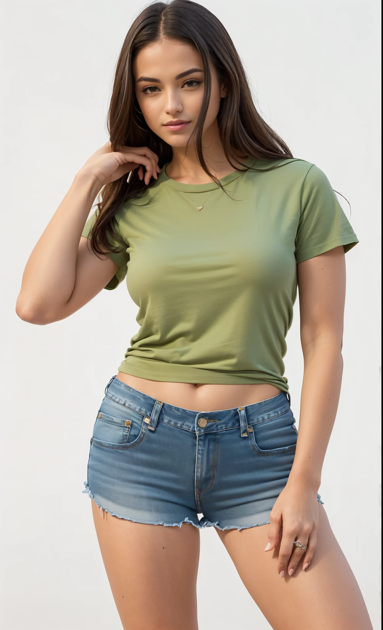 a woman in a camisa verde and denim shorts posing for a picture, com camiseta rasgada, roupas verdes casuais, camisa verde, corte superior, Oliva green, modern Roupa casual, vestindo roupas simples e justas, corte superior, wearing corte superior, usando tops curtos, Roupa casual, com cintura fina, usando um top cropped sexy, vestindo um top fofo, Oliva
