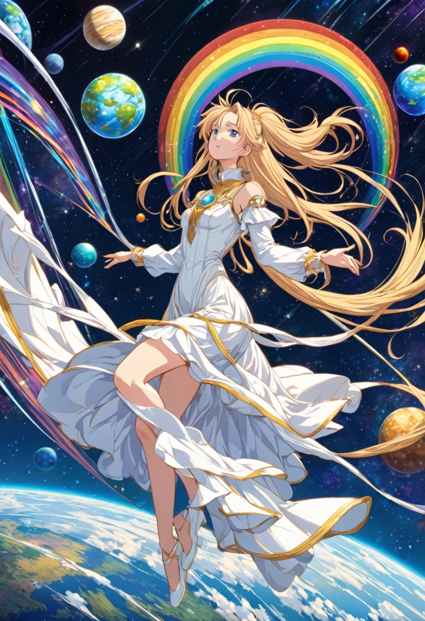 90s Cartoon art style, anime style, beautiful, blonde woman in white dress, floating, looking at viewer, at space, rainbow, stars, planets, Belldandy, best quality, masterpiece, very aesthetic, perfect composition, intricate details, ultra-detailed