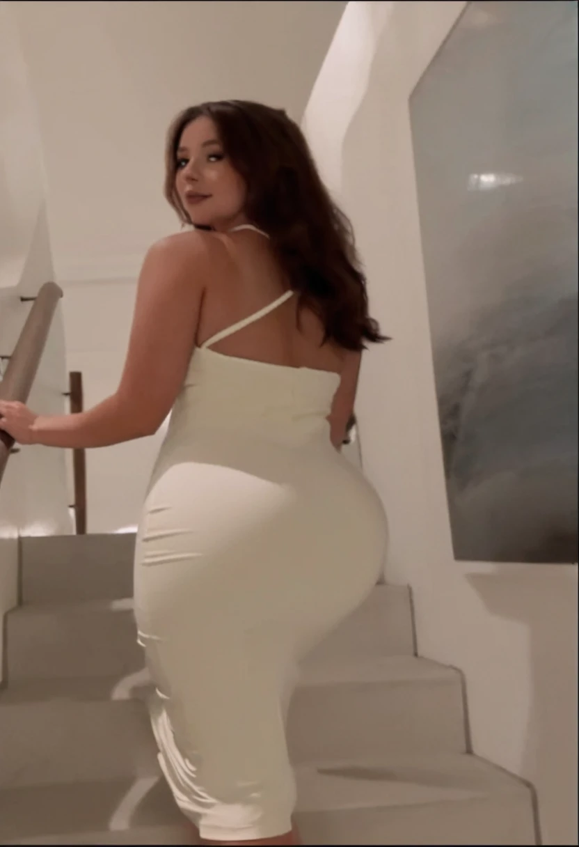 araffes in a white dress is leaning against a mirror, tight attire, tight outfit, thick thigs, angelawhite, 🐎🍑, curvy accentuated booty, big booty, see - through, view from the back, skinny waist and thick hips, see through, demi rose, see through dress, tight dress, view from behind
