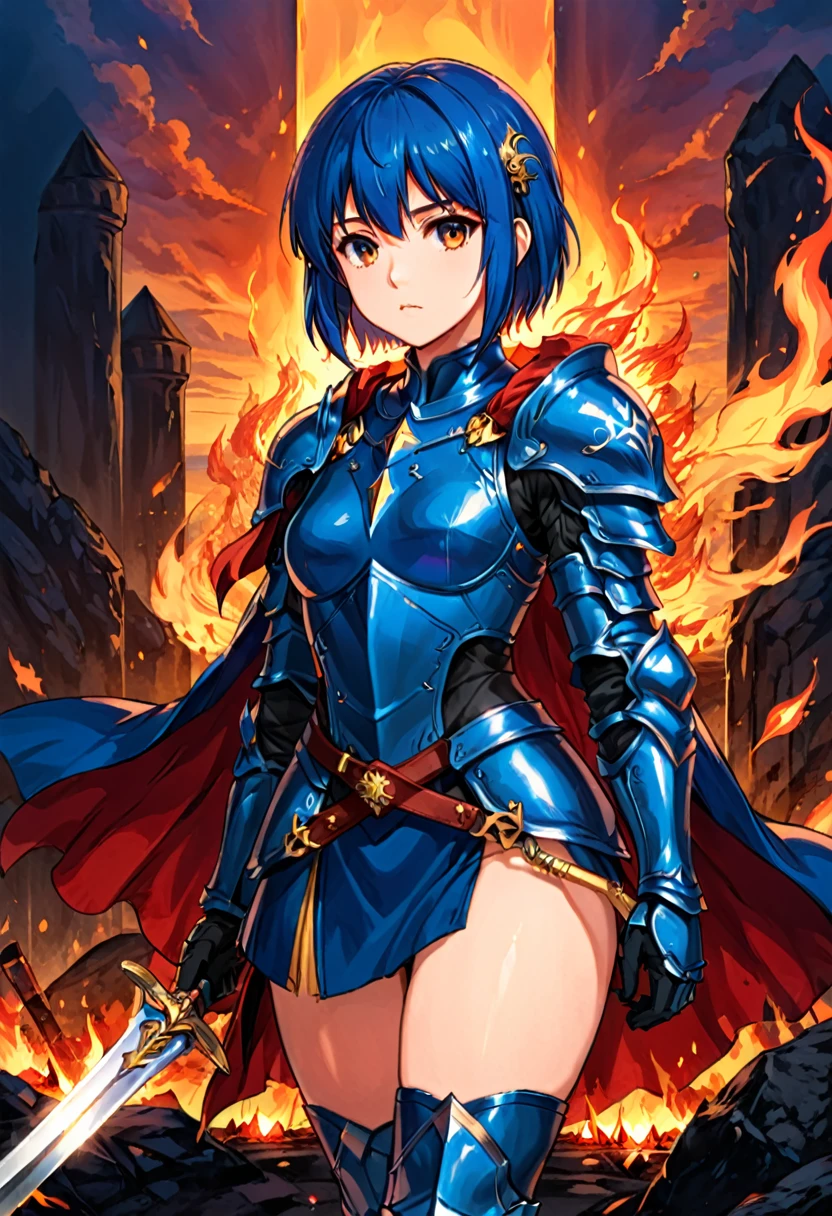 90s Cartoons, 1girl, marth, fire emblem, short hair, blue hair, genderswap, armor, sword, knight, cape, sunset, embers, dimly lit, (masterpiece, best quality, Professional, perfect composition, very aesthetic, absurdres, ultra-detailed, intricate details:1.3)