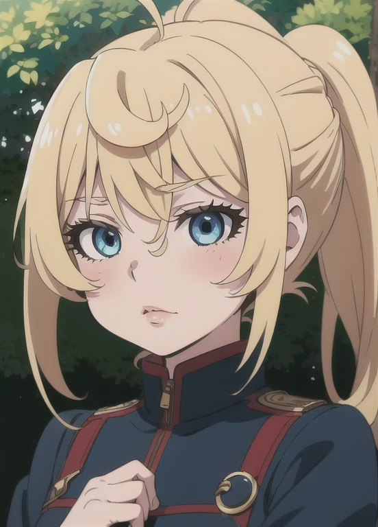 Masterpiece, Best quality, Very detailed, High accuracy, Single, blushing, Upper body, blond hair ,Hair tied in a ponytail , in the fresh air, short hair, Blue eyes, Anime coloring