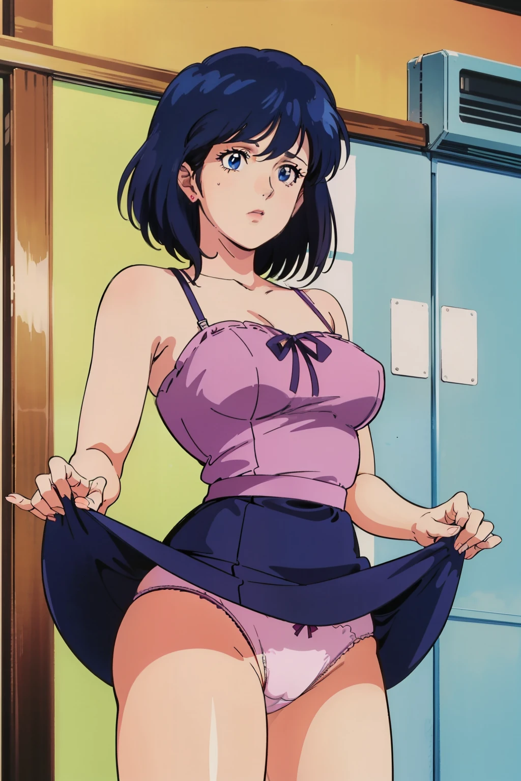 score_9, score_8_superior, score_7_superior, score_6_superior, score_5_superior, score_4_superior, break, sauce_anime, 1980s (style), retro artstyle, 1980s anime cels style, anime screencap, (Flat Color), break, One girl, Shaking breasts, , bangs, short hair, Brown Hair, Cowboy Shot, Panties、白いPanties、Skirt Lift、Her skirt is flipped up、Curvaceous、Large Breasts、Thick thighs、ピチピチのPanties