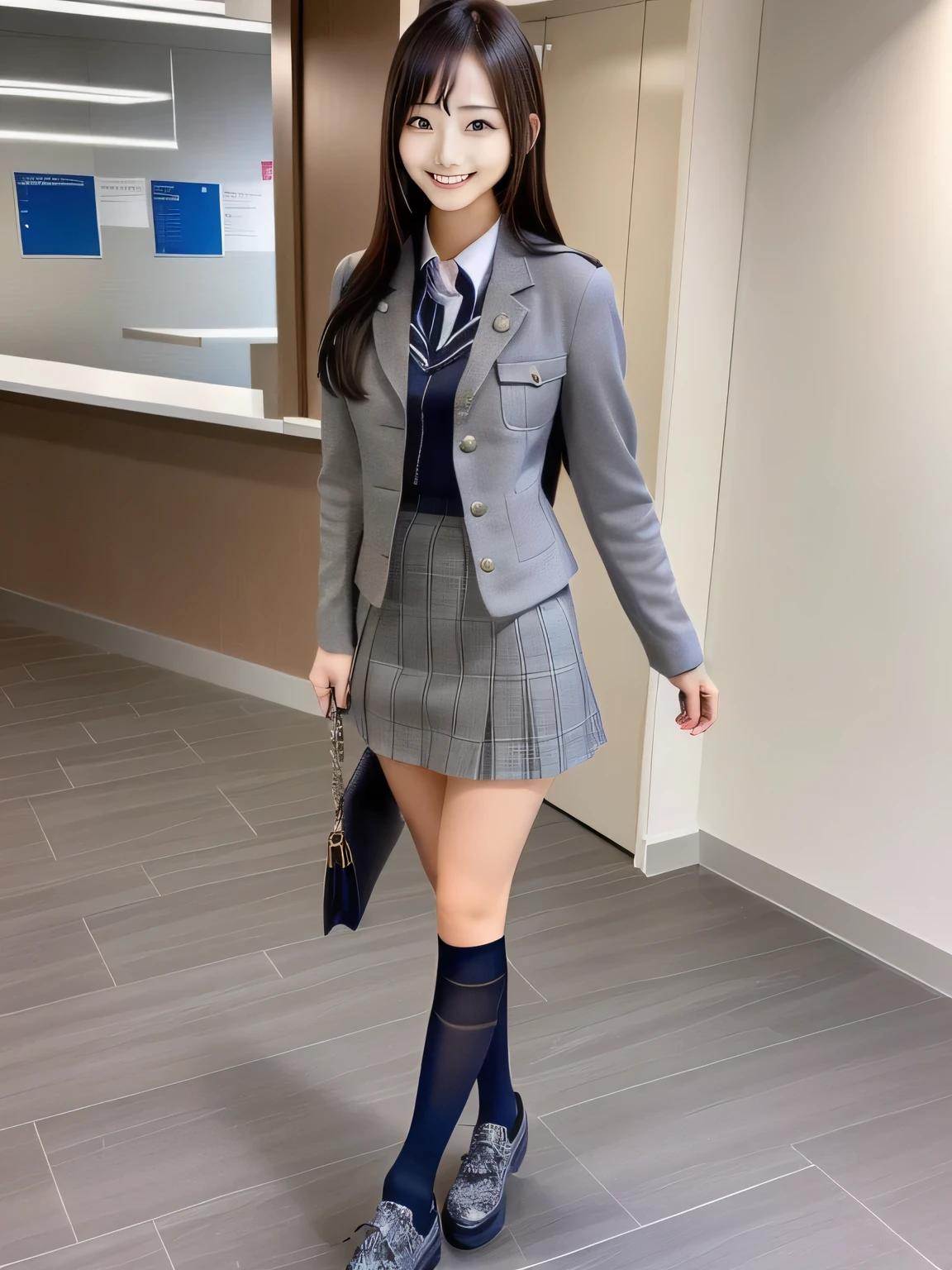 A woman with a handbag is standing in the hallway, Short skirt and grey jacket, Chiho, Costume photo, by Ayami Kojima, egirl, e - girl, Chiho ashima, 🚿🗝📝, Exclusive, Wearing a jacket and skirt, by Oka Yasutomo, Emma Andievska