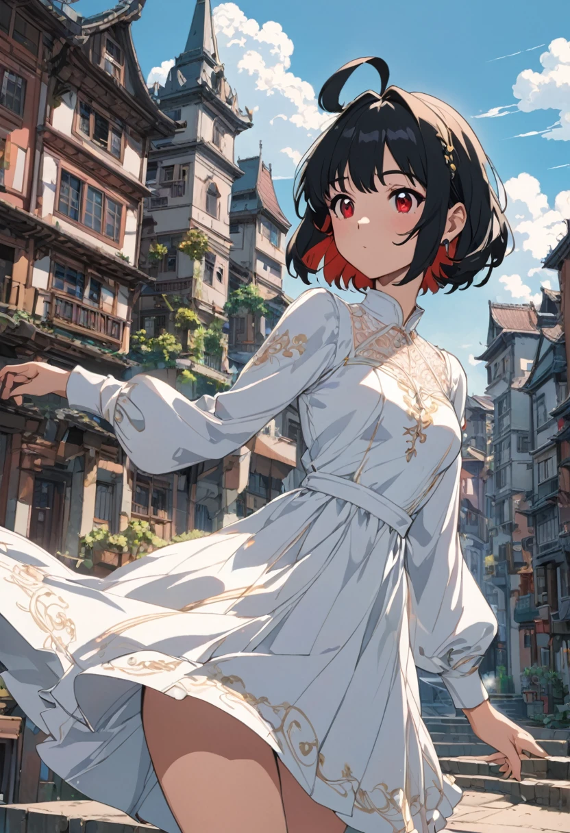90s Cartoon art style, anime style, 1girl, solo, ahoge, black hair, building, closed mouth, dot nose, dress, long sleeves, parted bangs, red eyes, short hair, sidelocks, white dress, best quality, masterpiece, very aesthetic, perfect composition, intricate details, ultra-detailed