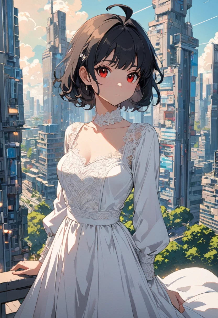 90s Cartoon art style, anime style, 1girl, solo, ahoge, black hair, building, closed mouth, dot nose, dress, long sleeves, parted bangs, red eyes, short hair, sidelocks, white dress, best quality, masterpiece, very aesthetic, perfect composition, intricate details, ultra-detailed