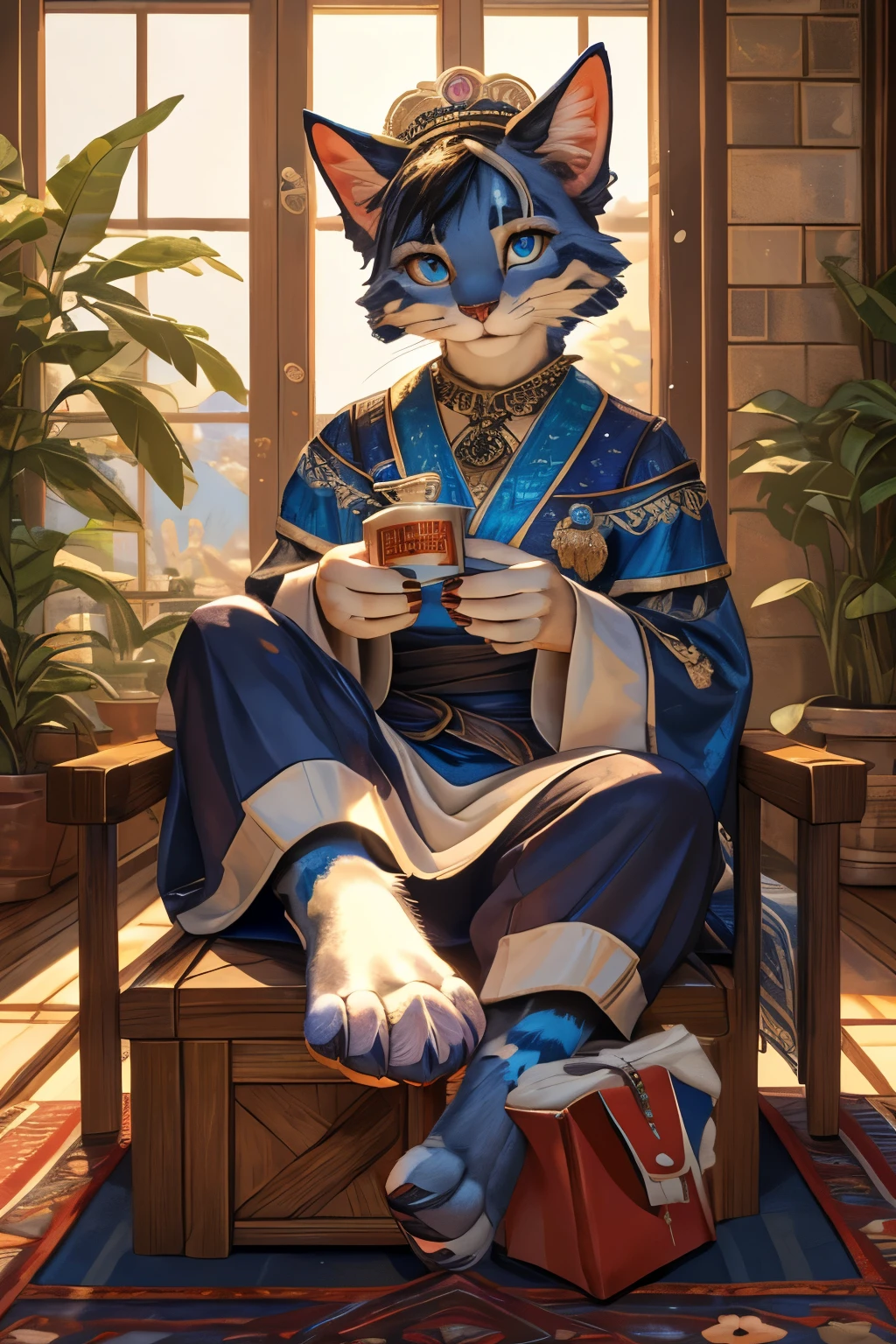 (((Barefoot furry character, full body, cinematic setting, furry female, plantigrade, nice feet paws))) Illustrate a refined and poised cat anthro with sleek silver-gray fur and striking aquamarine eyes. Adorned in fashionable attire with subtle botanical patterns. The figure sits barefoot on lounger with feet in front of camera in a luxurious spa environment, surrounded by potted plants like botulinum-producing Clostridium botulinum, amidst bottles labeled "serum" and "elixir," referencing the medical use of (((botulinum toxin))). (((showing soles of feet paws to viewer.))) BREAK, detailed background, 8K, (masterpiece:1.5), intricate details, highly detailed, extreme detail, octane render, fine art, best quality, highres, (detailed face:1.5), ((full_body)), UHD, (((perfect hands))), low light