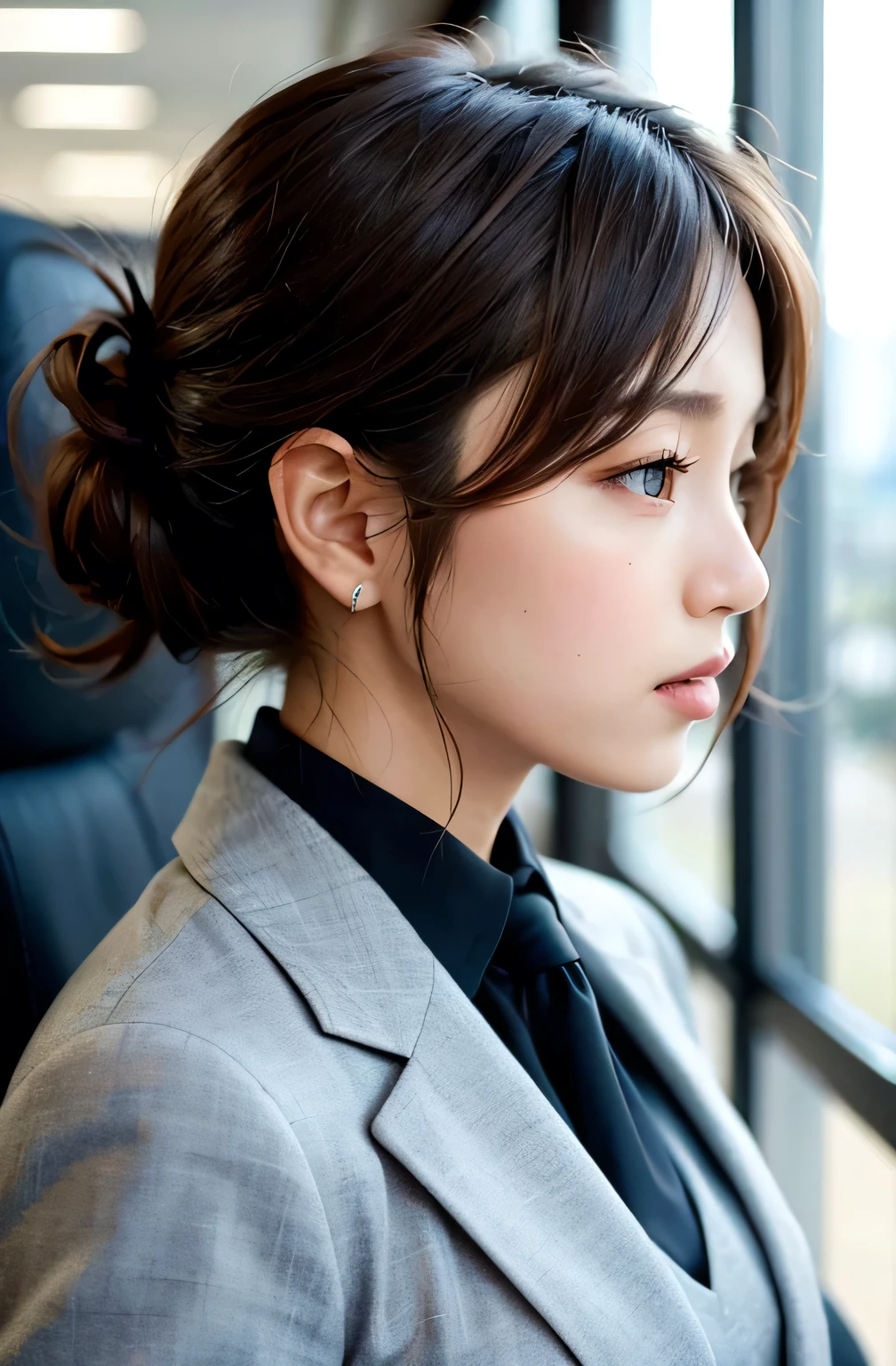 One girl,solo, Lips parted, office lady, suit ,profile,The horizon that doesn't face forward, cloud,sunset, Place your hands behind your head, View your viewers, highest quality、masterpiece、Awareness-raising、Very delicate and beautiful、A hVery detailed、Hmph、Unite、8k wallpaper、Amazing、Exquisite detail、masterpiece、highest quality、Official Art、HVery detailed ticker Unity 8K pictorial wallpaper、Ridiculous、Incredibly Ridiculous、Large file size、Ultra-detailed、High resolution、Very detailed、Beautiful detailed girl、Very detailed目と顔、Beautiful and fine details、Facial Light、1 girl、Unsupervised、(((black suit)))、black tights、Big ample breasts、Sitting at a desk with legs crossed、Black-haired、Short Bob、The background is the classroom、Shyness
