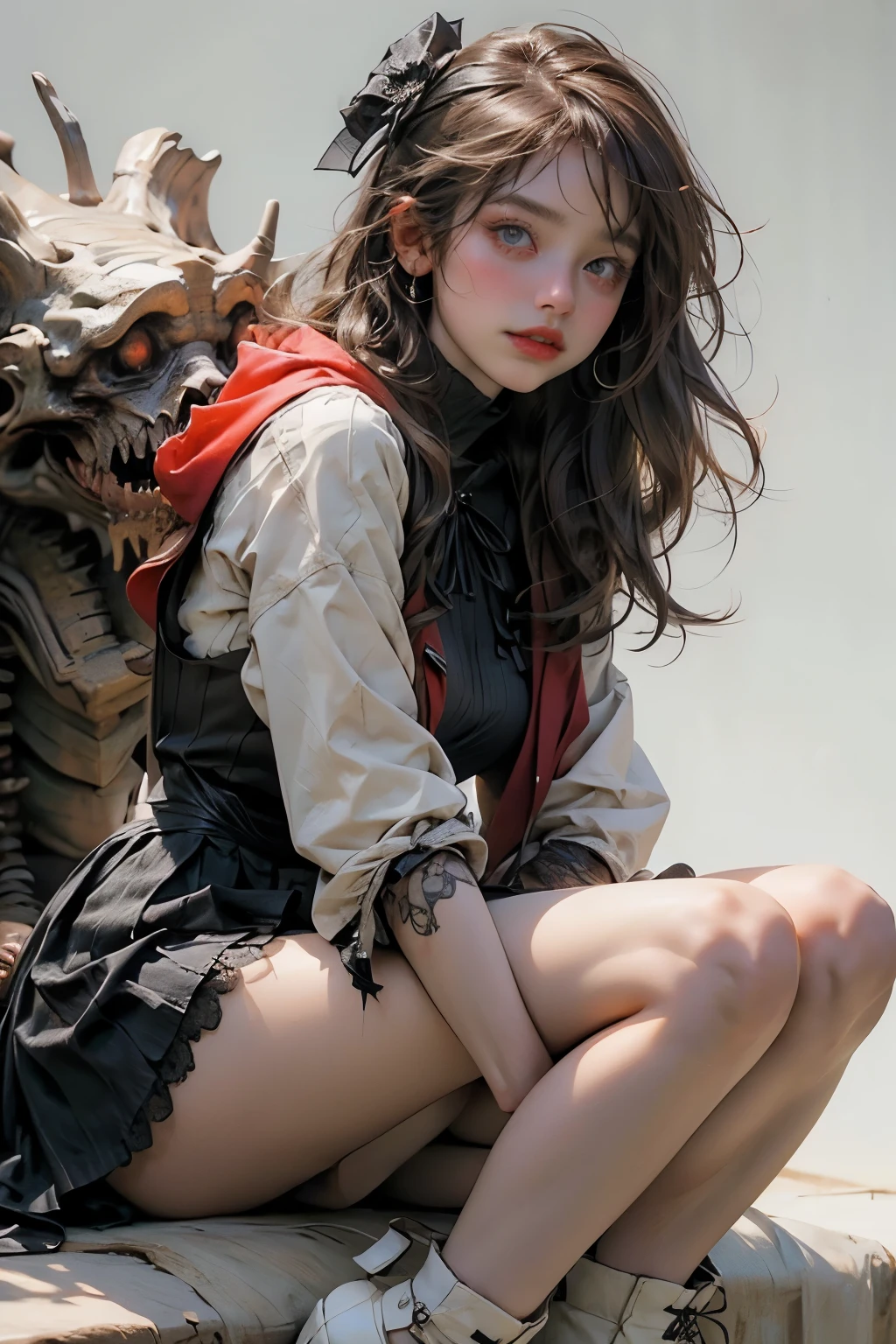((best quality)), ((masterpiece)), (detailed), perfect face, ((best quality)), ((masterpiece)), (detailed), perfect face(Golden ratio:1.2),(Fault color:1.3),[(White background:1.4)::10], (full bodyesbian:1.2),(Ultra-detailed:1.3), （white color background）white background, plain background, teens girl，White hair，Red glowing eyes, photorealestic,（（（Red and white trench coat））），（Red scarf)，a black pleated skirt，black t-shirts，longer sleeves，（（With a hood）），side-lighting, NSFW, Depicting female characters from ethereal anime in a high-quality anime art style，，，8K，Red and white shoes with a sense of technology，(chaotic geometric images:1.3),(nagative space:0.8), (ether colorful ink flowing:1.3), a knight, white background, plain background, Bloodborne inspired, tatty Bloodborne attire, occult aesthetic, occult, tatty red and white clothing detailed and intricate steampunk and detailed gothic lolita (with a hood), long coat, Complex laced boots, Fluttering lace flared long knee length dress with frilly petticoats, long dress, knee length dress, pleated petticoats, lolita dress, petticoats gothic lolita, beautiful small breasts, (((( Highly detailed face))), small thin nose, Small thin lips mouth, (((Very sharp focused eyes))), Very large slit precision pale grey eyes that shine like jewels. very long eyelashes, Silver hair swaying in the wind, Emitting a dazzling light in a mandala pattern, white background, Very dramatic and cinematic lighting, tatty damaged old red and white clothing, full body, whole body, body, cosmic horror, grim dark