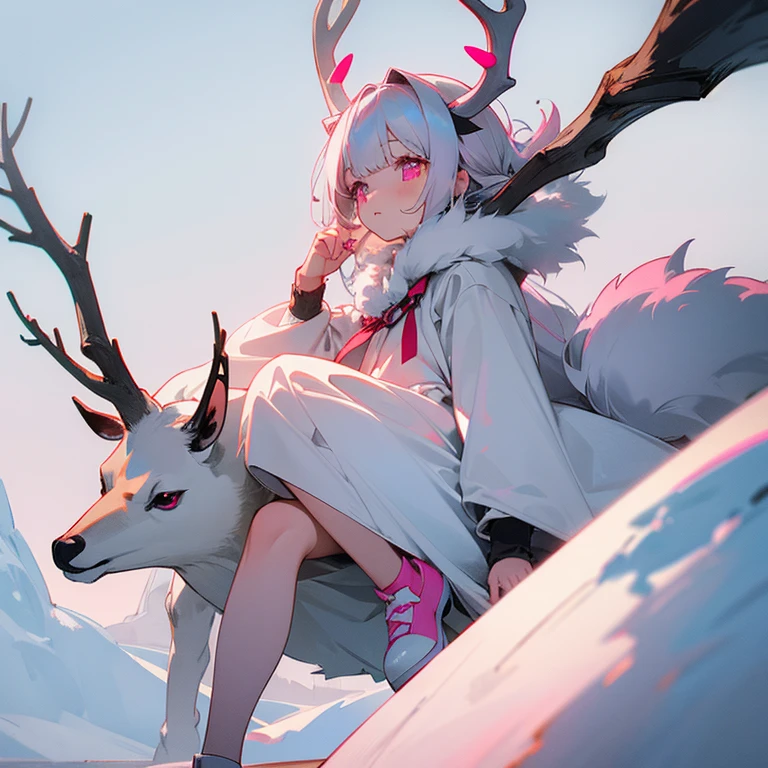 1 girl, ten years old, grey antlers, snow colored hair, pink eyes, dark grey fur, deer legs, young, cute, White Dress