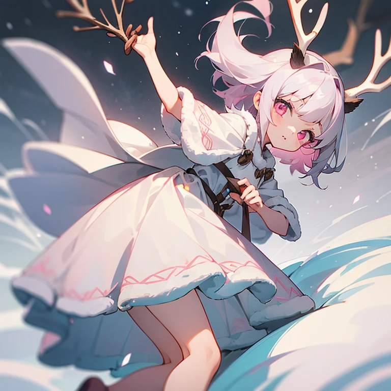 1 girl, , grey antlers, snow colored hair, pink eyes, dark grey fur, deer legs, young, cute, White Dress