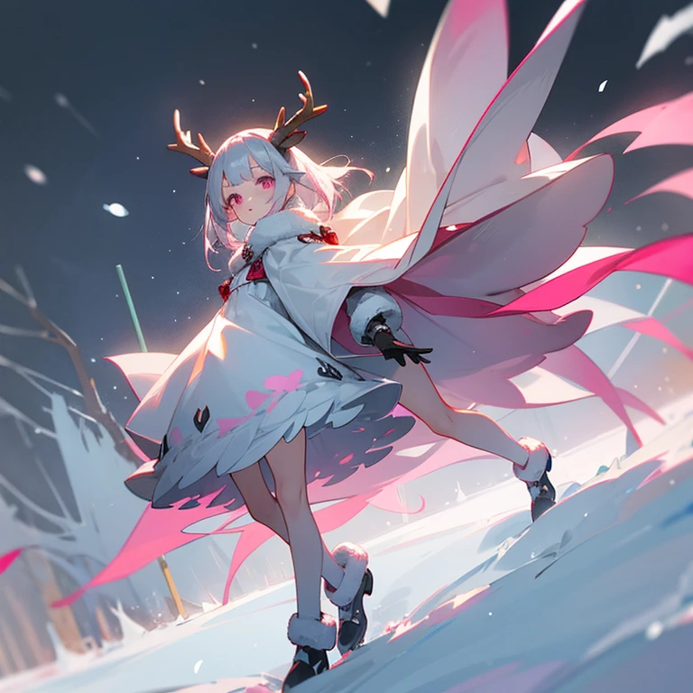 1 girl, ten years old, grey antlers, snow colored hair, pink eyes, dark grey fur, deer legs, young, cute, White Dress