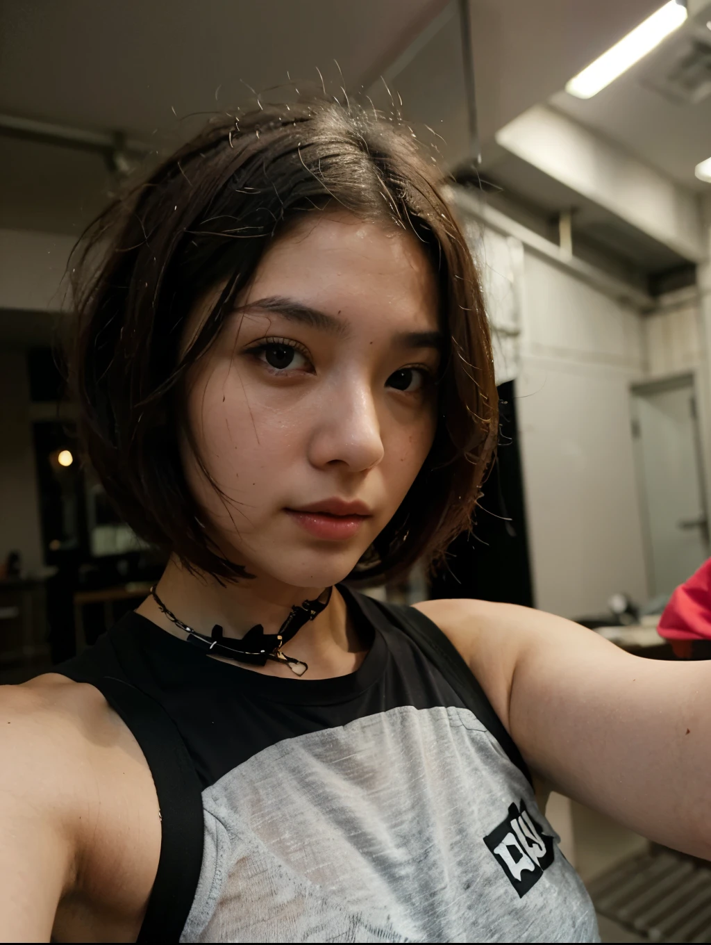 Japanese girl with short bob cut hair taking a selfie in edgy sportswear 
