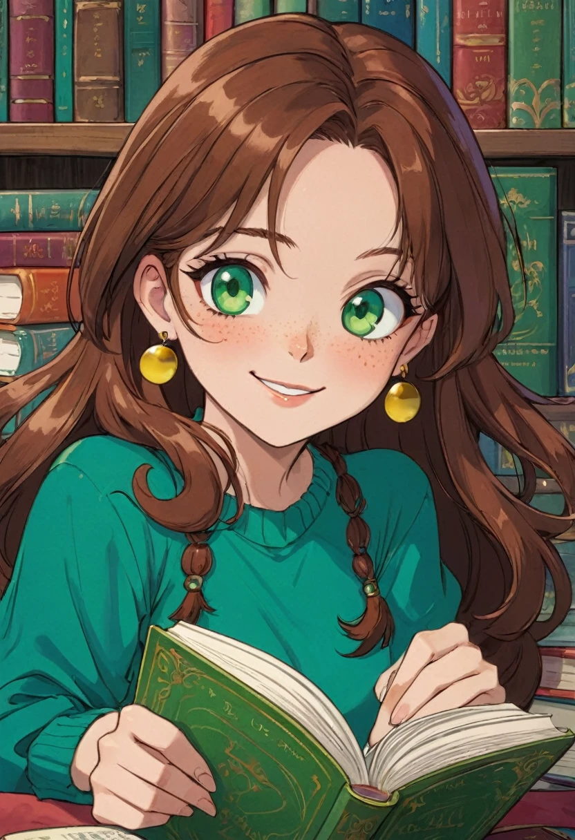 90s Cartoon art style, anime style, 1girl, solo, book, brown hair, earrings, freckles, green eyes, hair over one eye, jewelry, light smile, lips, long hair, best quality, masterpiece, very aesthetic, perfect composition, intricate details, ultra-detailed