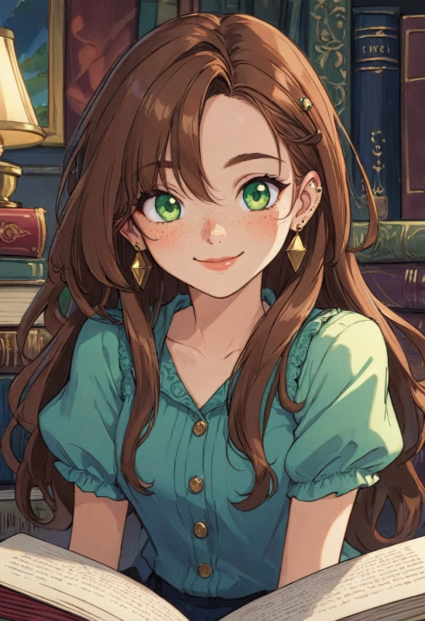 90s Cartoon art style, anime style, 1girl, solo, book, brown hair, earrings, freckles, green eyes, hair over one eye, jewelry, light smile, lips, long hair, best quality, masterpiece, very aesthetic, perfect composition, intricate details, ultra-detailed