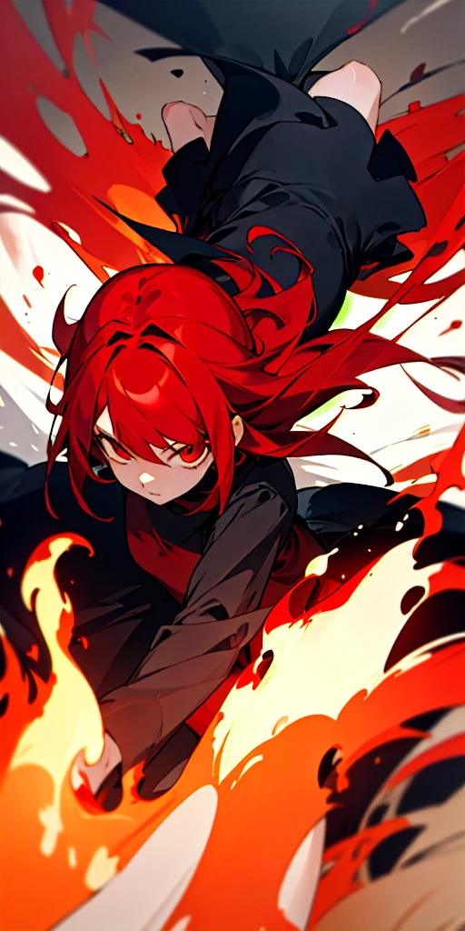 (masterpiece, best quality) 1girl with red hair, ruby eyes wearing an black dress and surround by fire