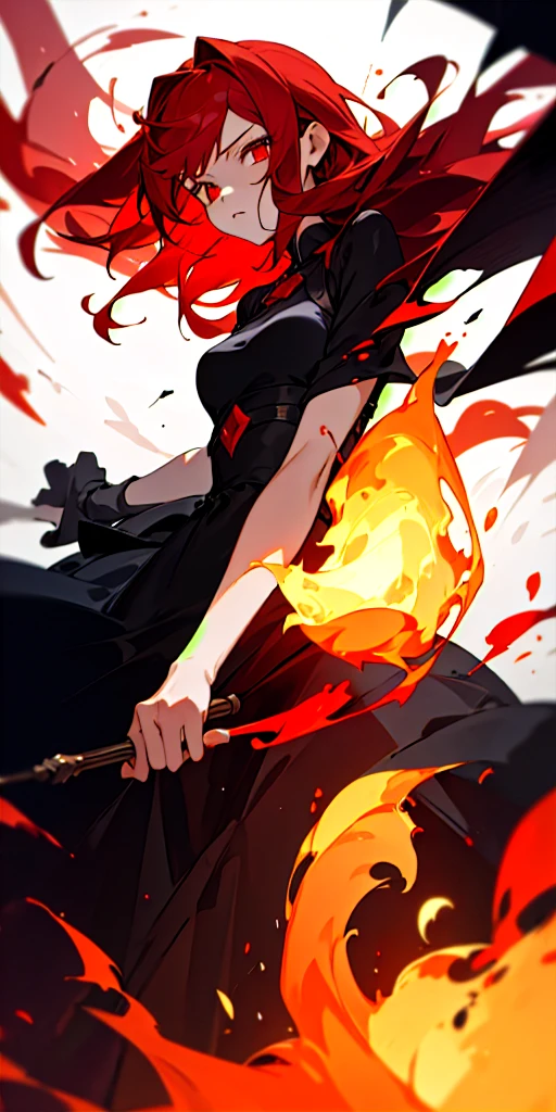 (masterpiece, best quality) 1girl with red hair, ruby eyes wearing an black dress and surround by fire