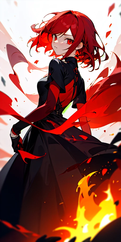 (masterpiece, best quality) 1girl with red hair, ruby eyes wearing an black dress and surround by fire 