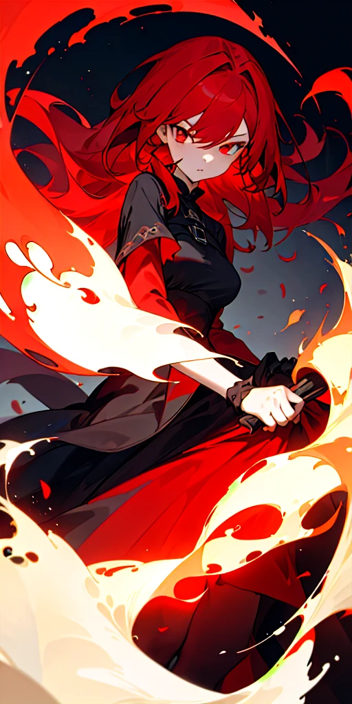 (masterpiece, best quality) 1girl with red hair, ruby eyes wearing an black dress and surround by fire 