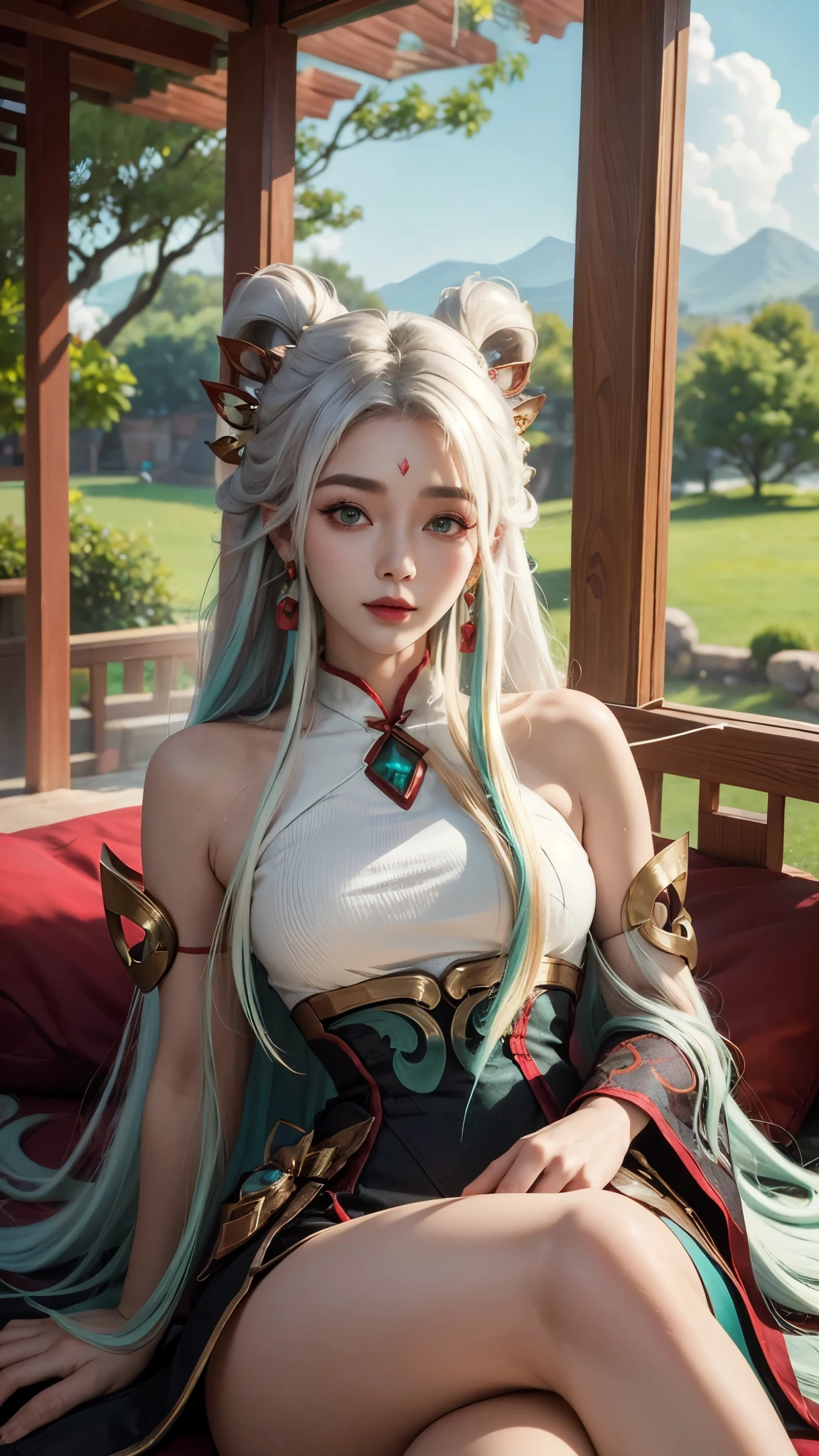 (masterpiece, best quality:1.2), intricate details, mythmaker irelia, 1girl, hair ornament, hair rings, bare shoulders, dress, detached sleeves, forehead mark, multicolored hair, white hair, earrings, green eyes, textured skin, looking at viewer, solo, light smile, (mature female:1.2),sexy pose:1.6,