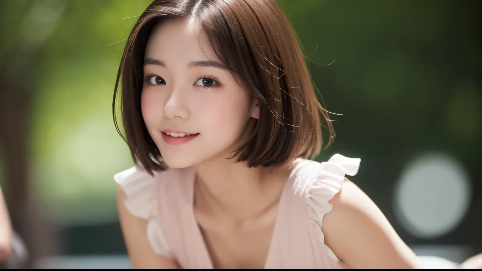 (masterpiece:1.3), (8K, Photoreal, Raw photo, best image quality: 1.4), Japanese high school girl、(random hairstyle:1.2)、cleavage:1.2、super detail face、eye for details、double eyelid、chest to chest、sharp focus:1.2、Beautiful woman:1.4、light brown hair、highest quality、masterpiece、Super high resolution、(Photoreal:1.4)、Highly detailed and professionally lit smiles、loose and light knitwear、shoulder out、thin、serious expression、short haired、deadly position