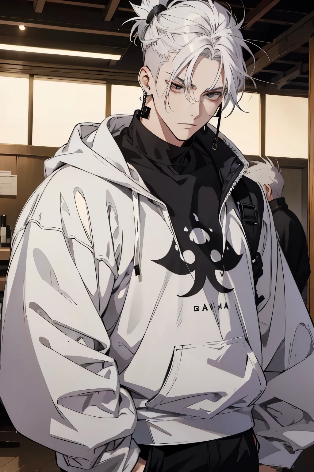 Anime man gradient young white hair low on shaved sides turns hair to the left side in the middle serious face with black earrings sweatshirt dark circles big black hair big brown hair extremely