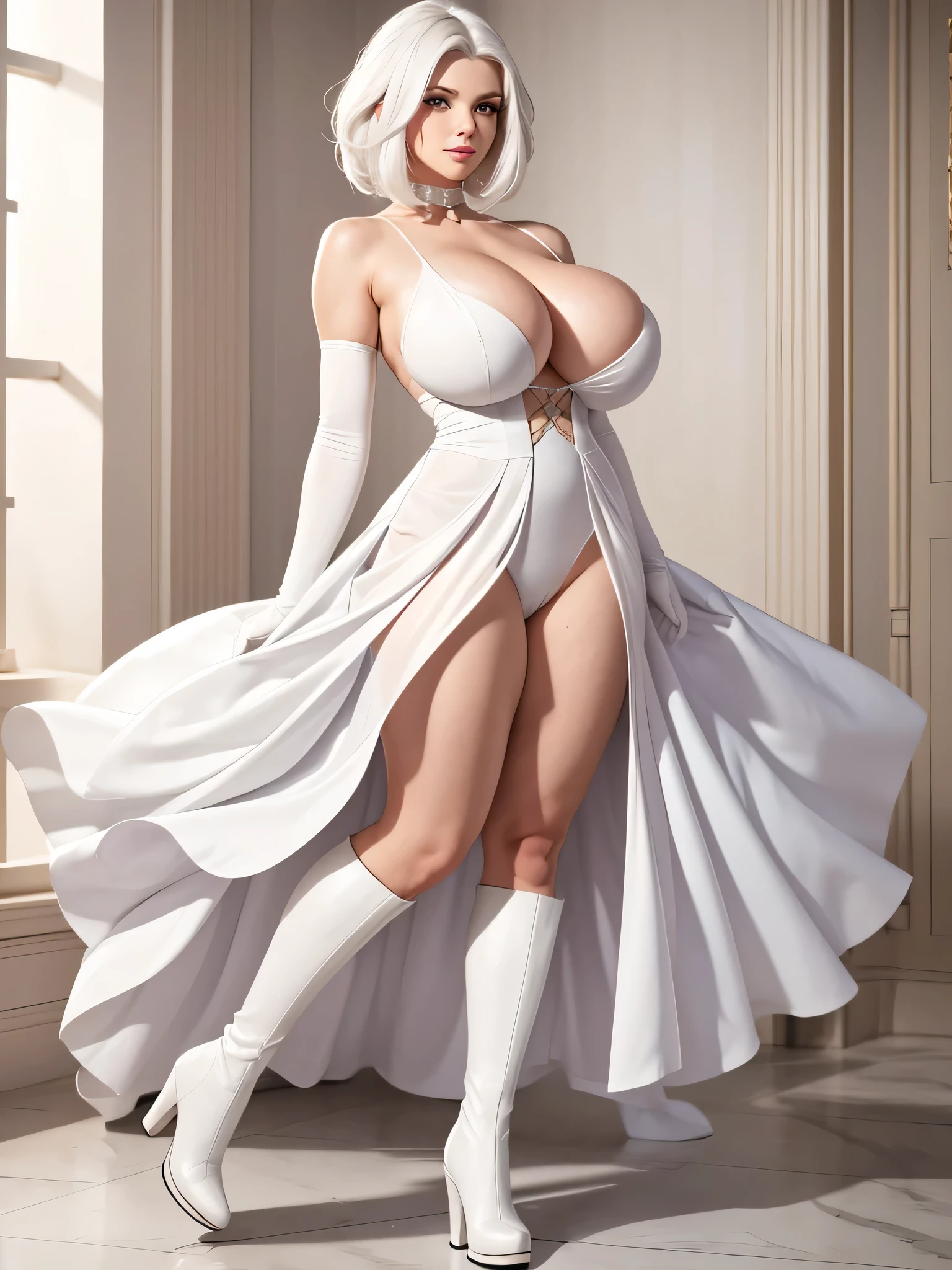 Full body, realistic, 8k, best quality, masterpiece, (1 cute woman, solo: 1.1), very , white hair, white dress, white elbow gloves, white boots, naked shoul