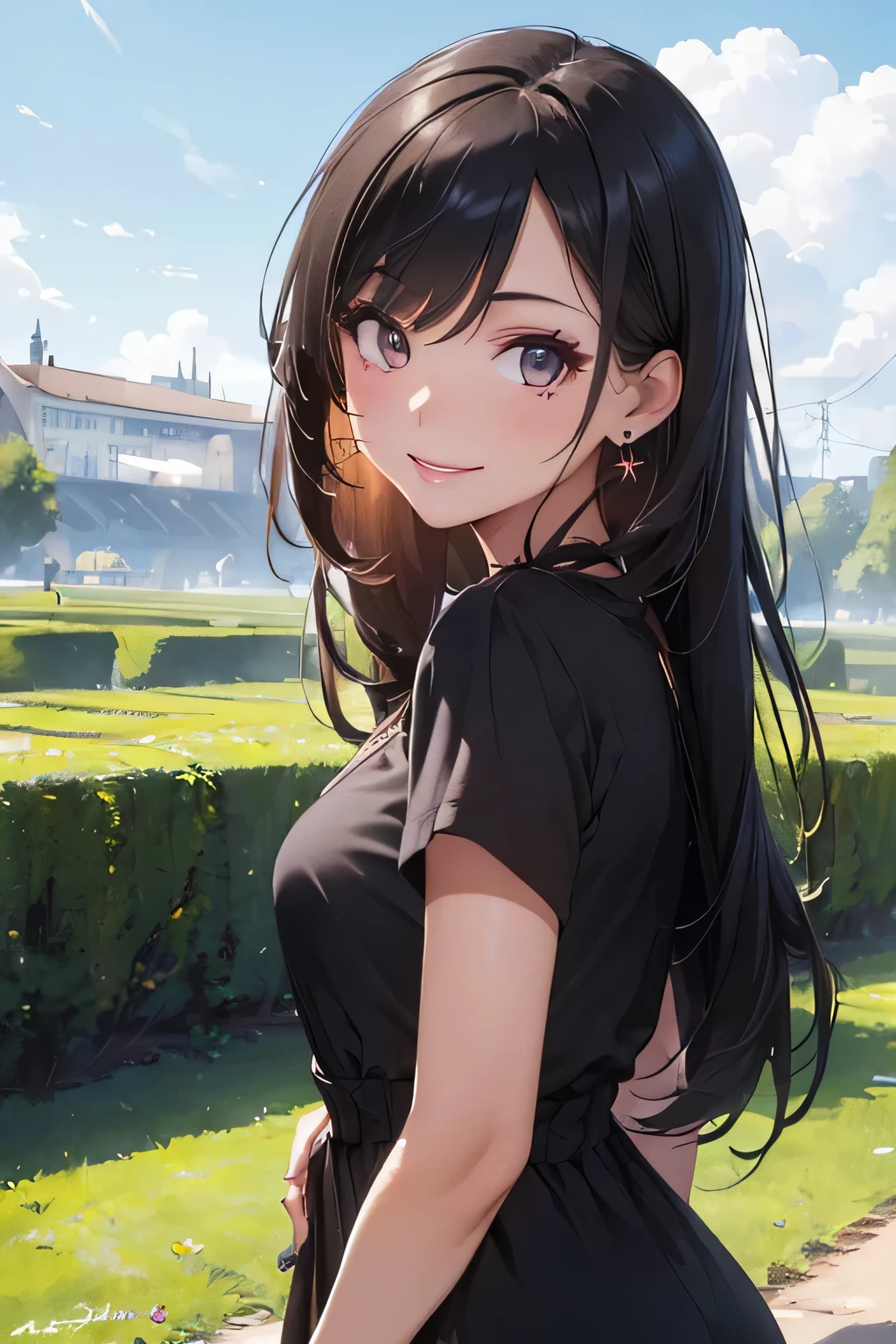 (Masterpiece, Best Quality, High Quality:1.4), professional artwork, well drawn, Intricate Details, field of view, race background, 
Long hair, lipstick, makeup, ultra detail hair, ultra detail face, perfect eyes, perfect face, earring,Looking at Viewer, flirting, smile, instagram pose, full body,
Short black casual dress,
Victoria Justice,