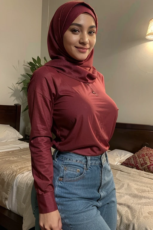 Arabic women, wears hijab, self confident look, big boobs, wears jean, smile, bedroom background, high quality, wears red long sleeve blouse