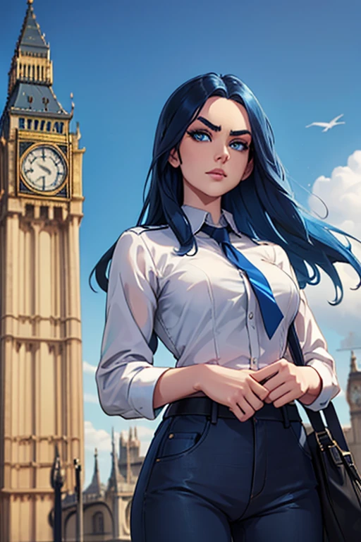 caitlynlol, blue eyes, blue hair , long hair , arched eyebrows , eyeliner , big ben behind in background , saying hello with hands , closer zoom, full police blue outlift , blue trousers
