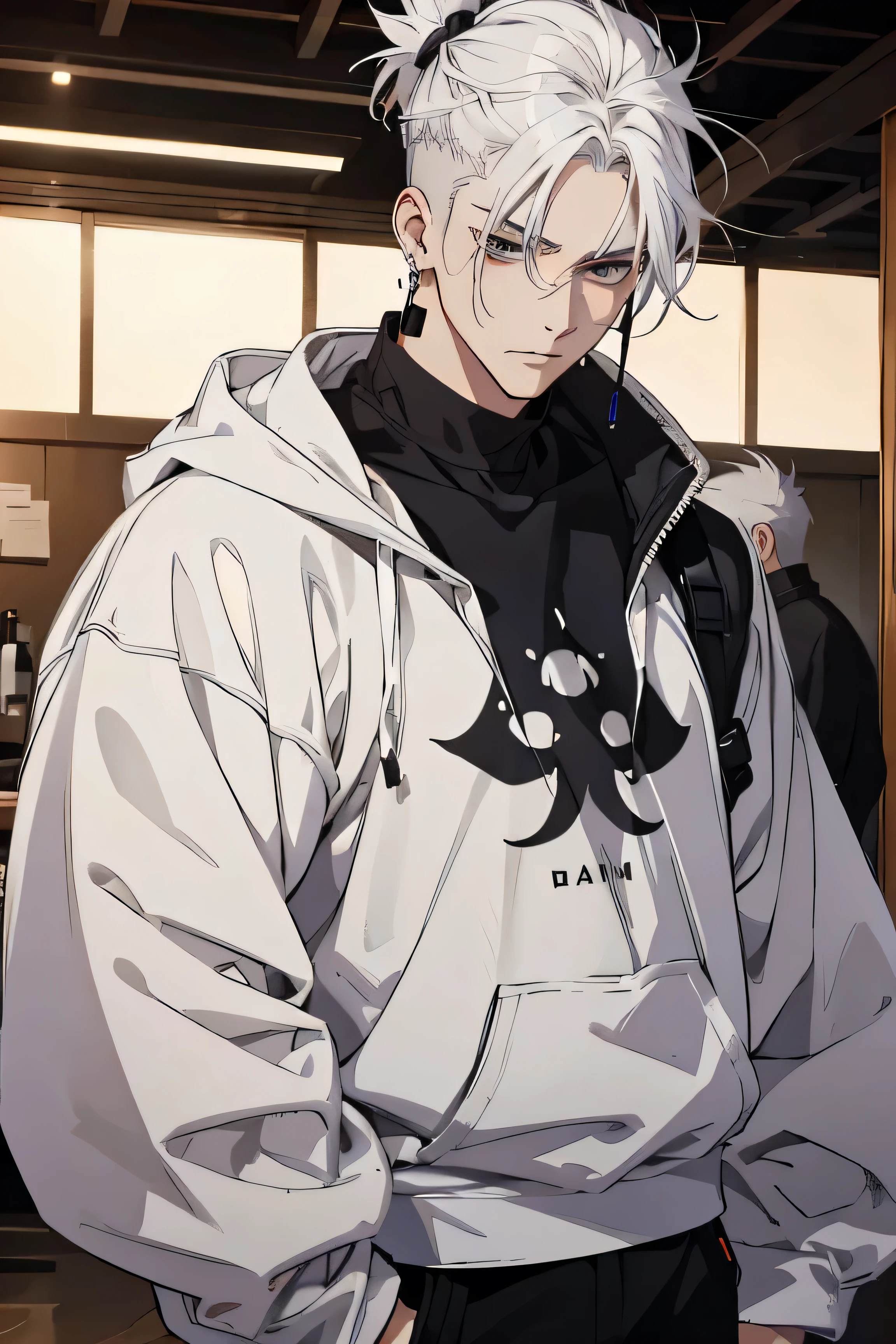 Anime man gradient young white hair low on shaved sides turns hair to the left side in the middle serious face with black earrings sweatshirt dark circles big black hair big brown hair extremely
