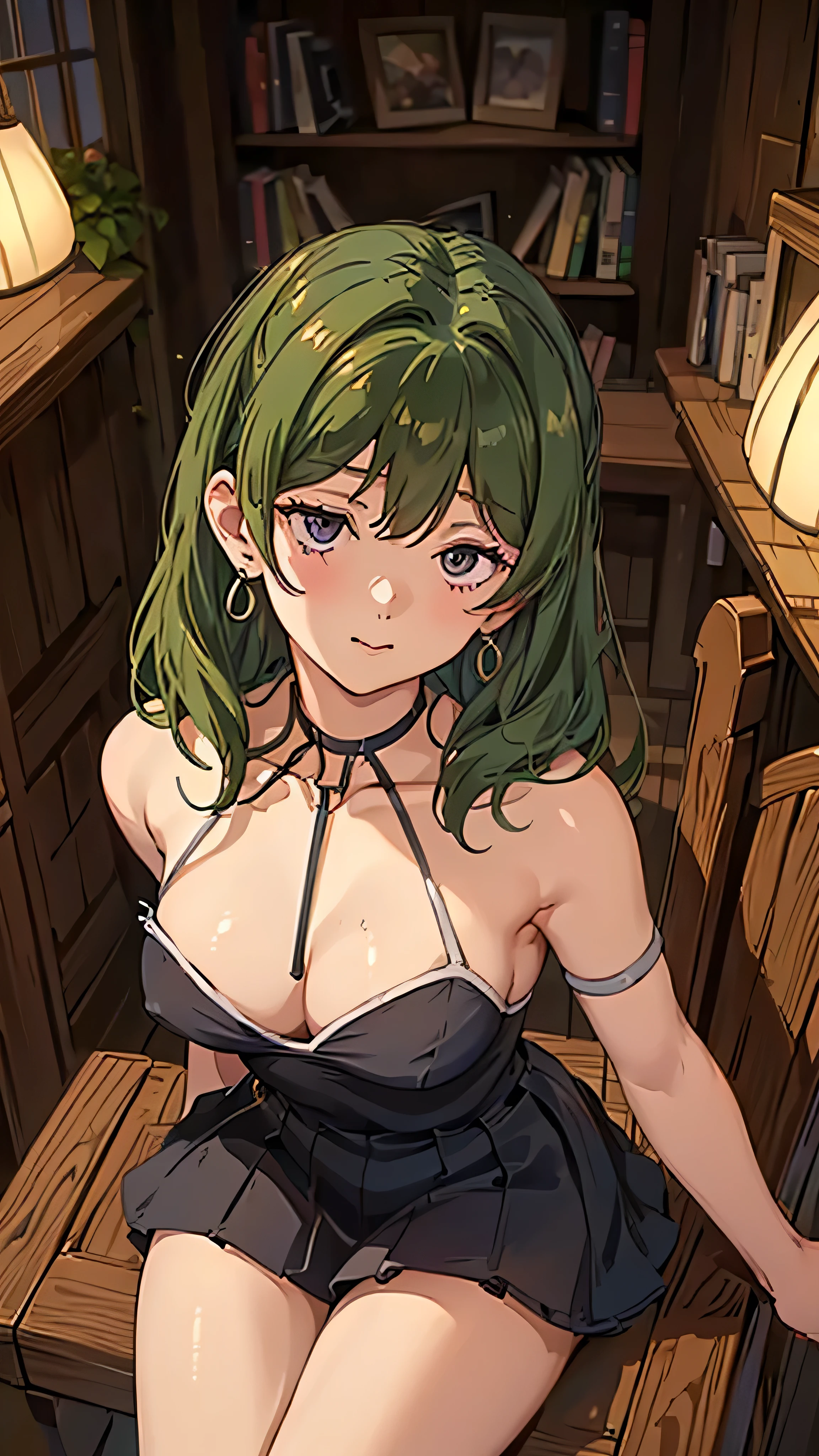 1girl, ((full body)), ((from above)), sitting on wooden chairs, high resolution, high detail, milf, mature female, cowboy shot, looking at viewer, blurry background, indoor, library, books, wavy hair, white necklace, earrings, small breasts, ((crossed legs)), cleavage, ((crossed arms under breasts))