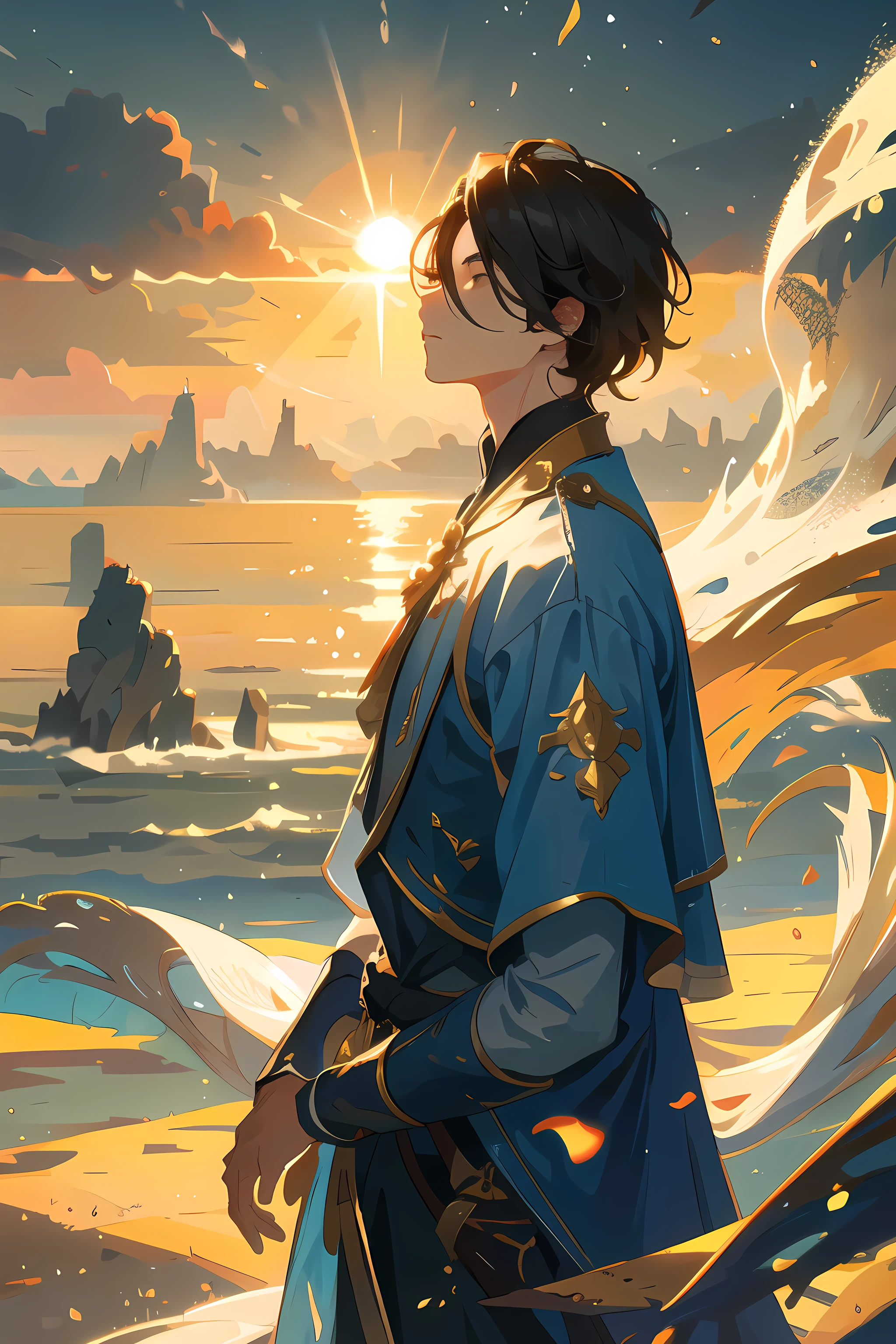 (ung man light), side view, looks into the distance, sadness, day and sun background, wind, particles, masterpiece , fantasy character, Best quality, struggle