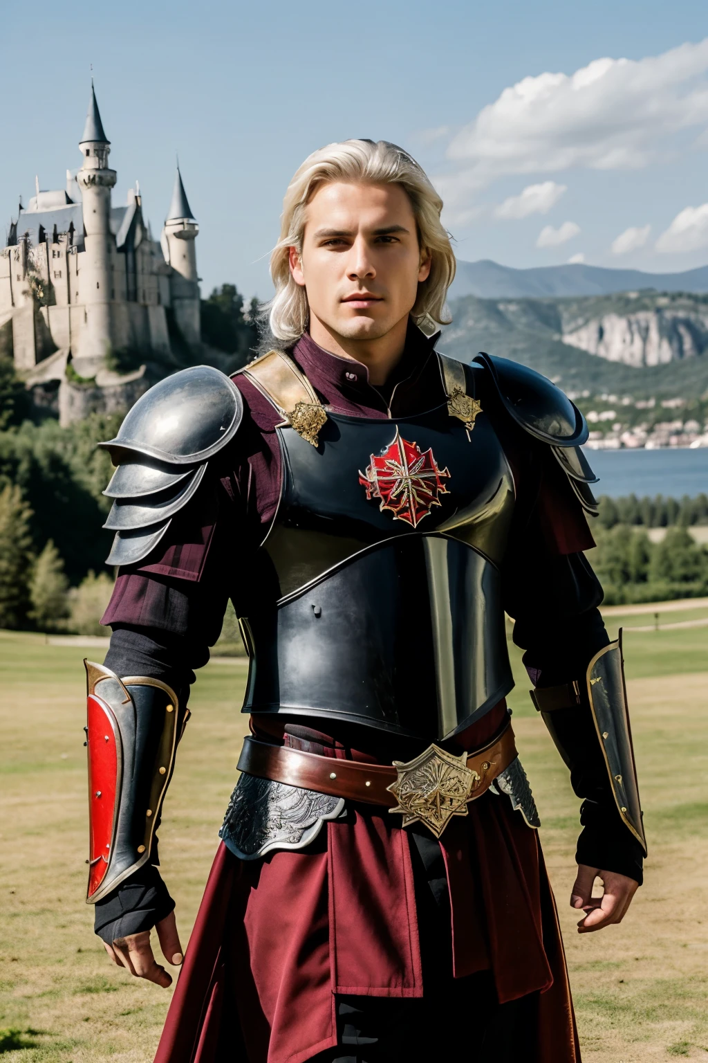 ((best quality)), ((masterpiece)), (detailed), perfect face, a adult man with white hair, purple eyes, dressed in black and red armor, castle behind, beautiful, muscular