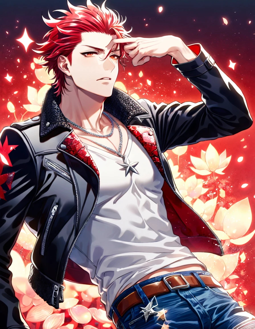 (absurdres, highres, ultra detailed, HDR) master piece, best quality, delicated features, Suoh Mikoto, red hair, hair is kept short, ruffled, slicked back and spiked, with two strands of hair near the opposite sides of his head falling over his face, expressive amber eyes, K Project, solo, sexy man, handsome, toned chest, black leather jacket with a white fur collar, a white V-neck shirt underneath, denim jeans held up by a simple brown belt, with a silver chain attached from the belt to his pocket, silver star-shaped necklace, magical fantasy, red butterflies, glittering, sparkling, red lotus, petals, radiant, water, red fireflies, red flames background 