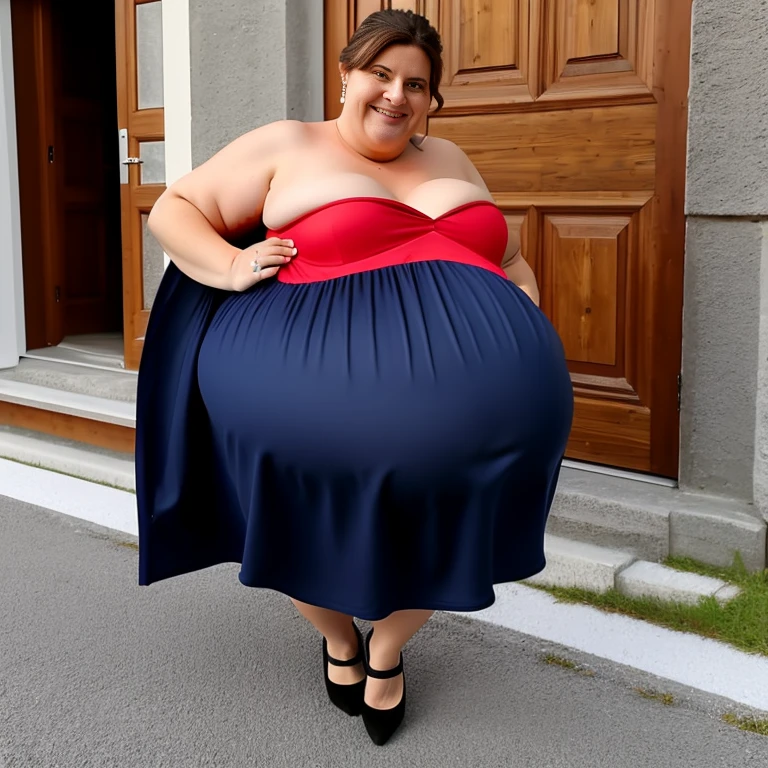 Extremely Hyperpregnant Swiss woman with huge belly wearing a dress