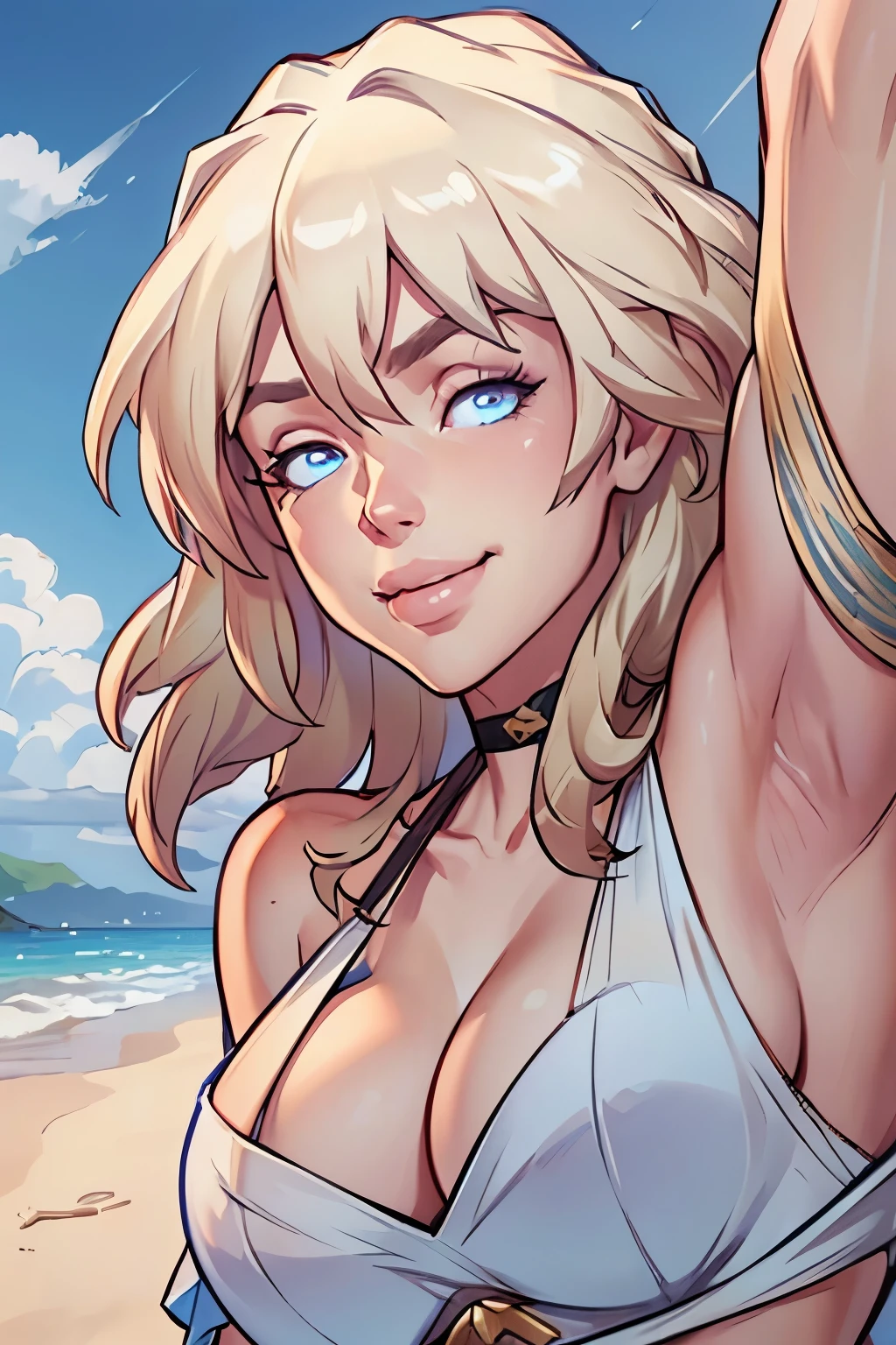 Pretty Female, Windblow blonde hair, glowing blue eyes, realistic, masterpiece, high detailed, 4K, beach background, high detailed light, little smile, white skin