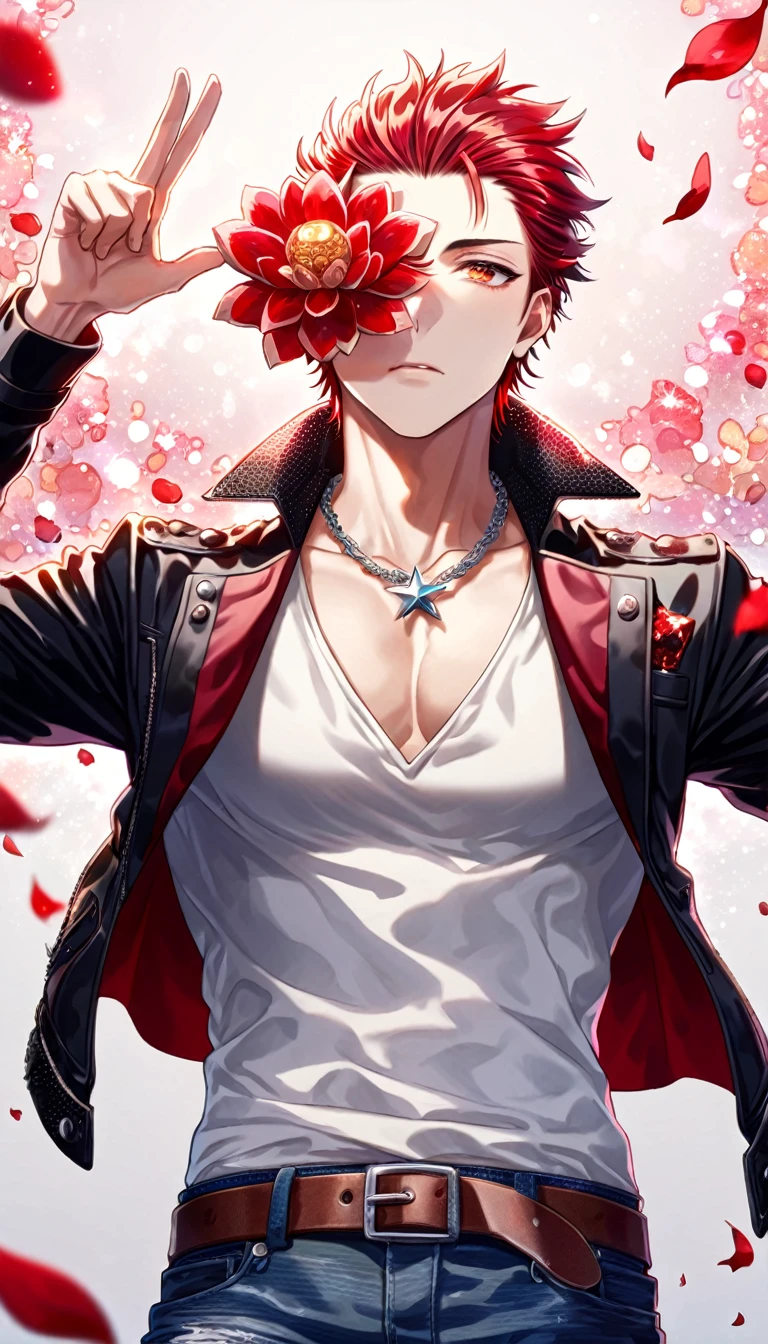 (absurdres, highres, ultra detailed, HDR) master piece, best quality, delicated features, Suoh Mikoto, red hair, hair is kept short, ruffled, slicked back and spiked, with two strands of hair near the opposite sides of his head falling over his face, expressive amber eyes, K Project, solo, sexy man, handsome, toned chest, black leather jacket with a white fur collar, a white V-neck shirt underneath, denim jeans held up by a simple brown belt, with a silver chain attached from the belt to his pocket, silver star-shaped necklace, magical fantasy, red butterflies, glittering, sparkling, red lotus, petals, radiant, water, red fireflies, red flames background