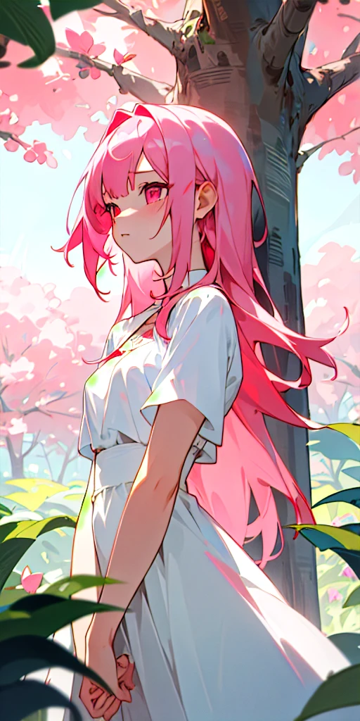 (masterpiece, best quality) 1girl with pink hair, ruby eyes wearing an white dress and surround by nature