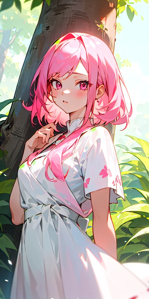 (masterpiece, best quality) 1girl with pink hair, ruby eyes wearing an white dress and surround by nature