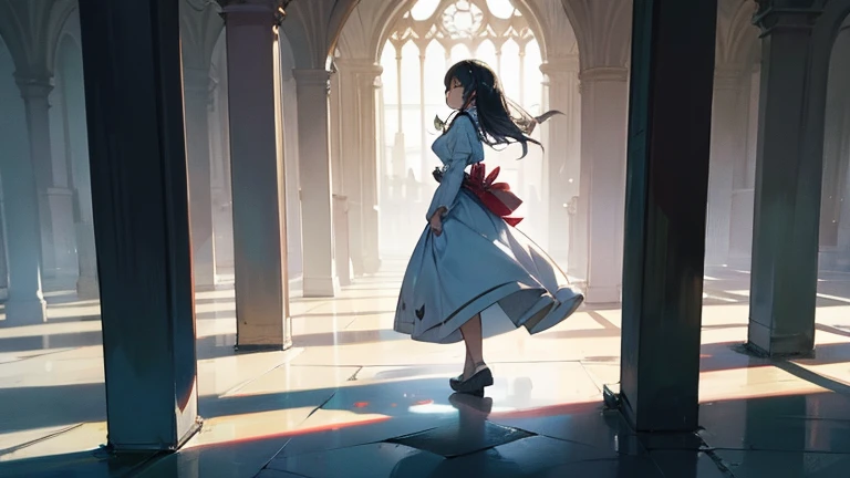 highest quality、cinematic lighting、city of venice、back of girl in white dress、back view、sheer panties、