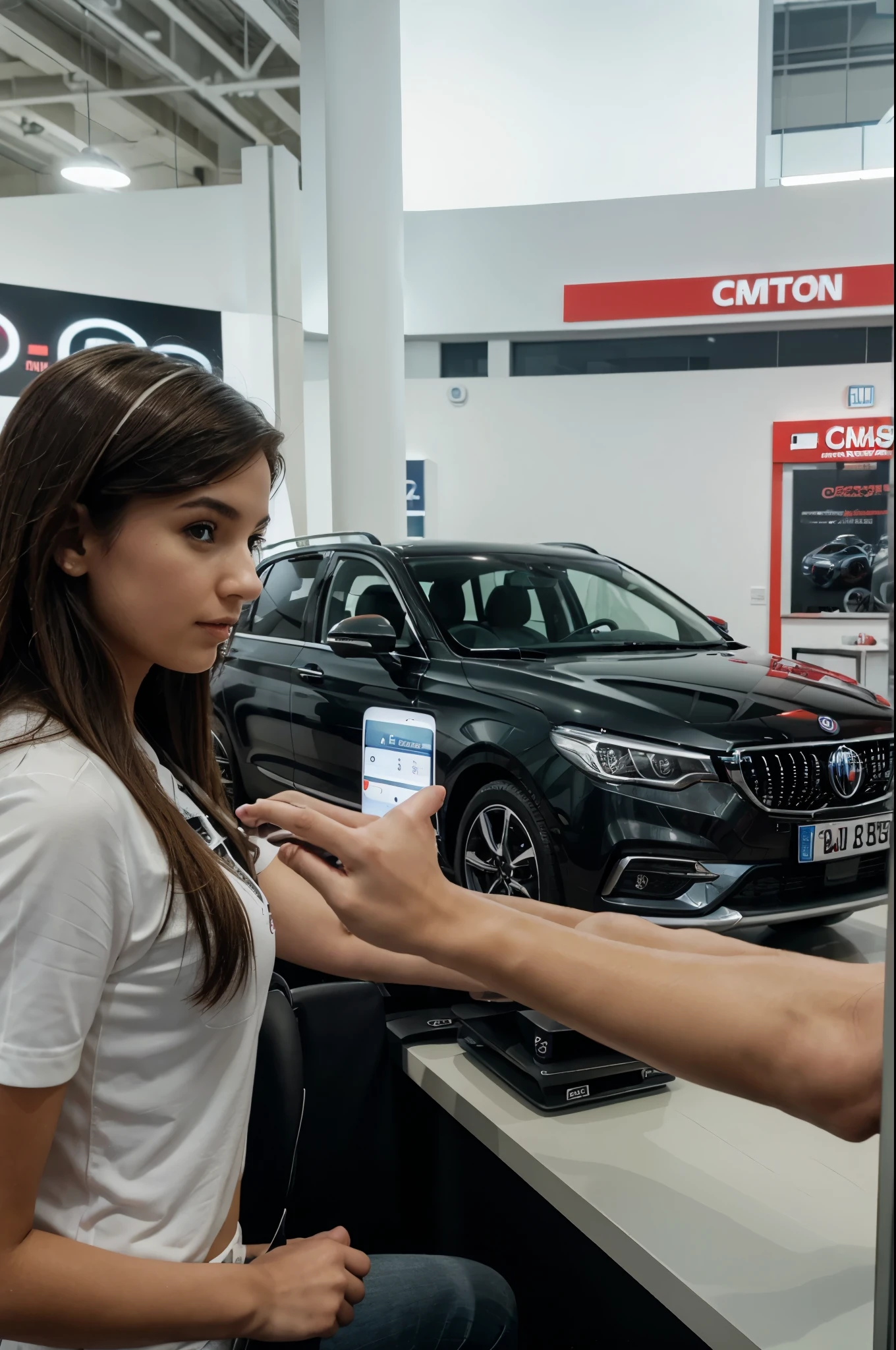 A girl in mg car showroom comunication with coustomer and his hand one qr stand show to coustomer