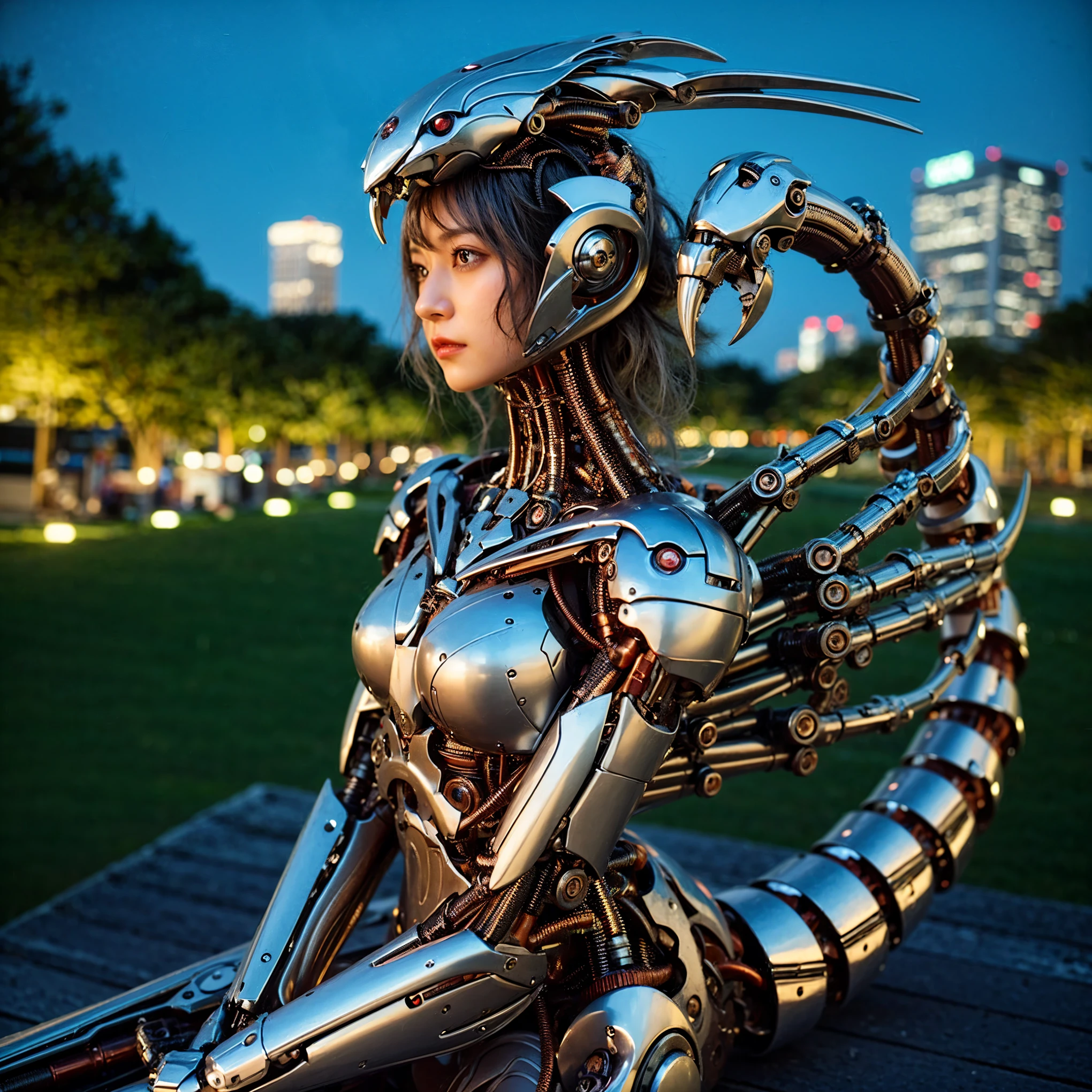 Masterpiece, (ultimate quality:1.2), 8k, Japanese woman in hedgehog-type powered suit, silver base with green and red accents, very beautiful face, mechanical, (mechanical bat wings), hydraulic cylinder, power pipe, ultimately intricate details, full body shot, (ultimate photo Realistic:1.37), Park with a beautiful view at night, (Steampunk: 1.2), (biopunk), Full body photo, Wide-angle shot, Please generate at least 4 photos.